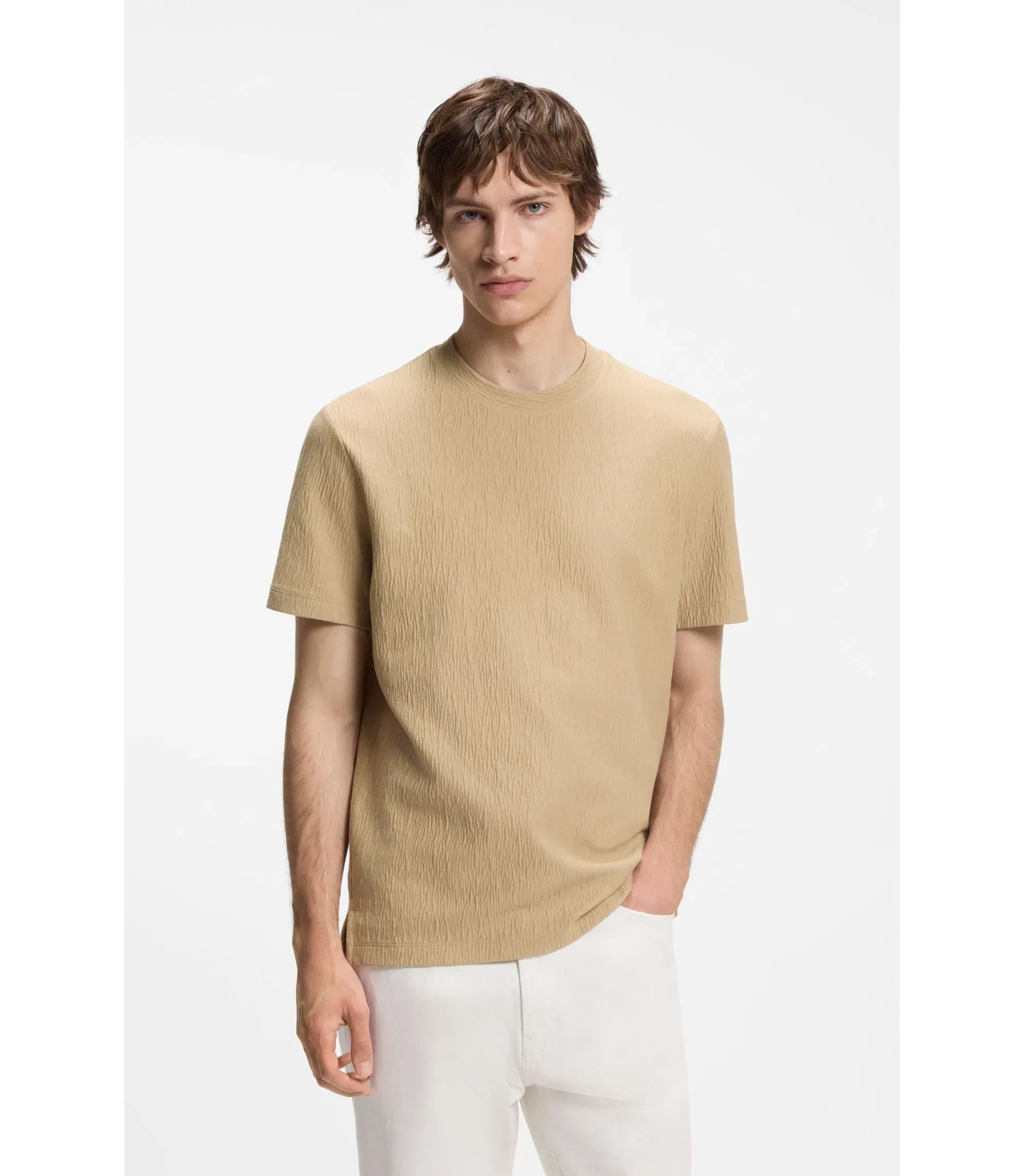 Hugo Cotton Blend T-Shirt With Creased Effect Beige
