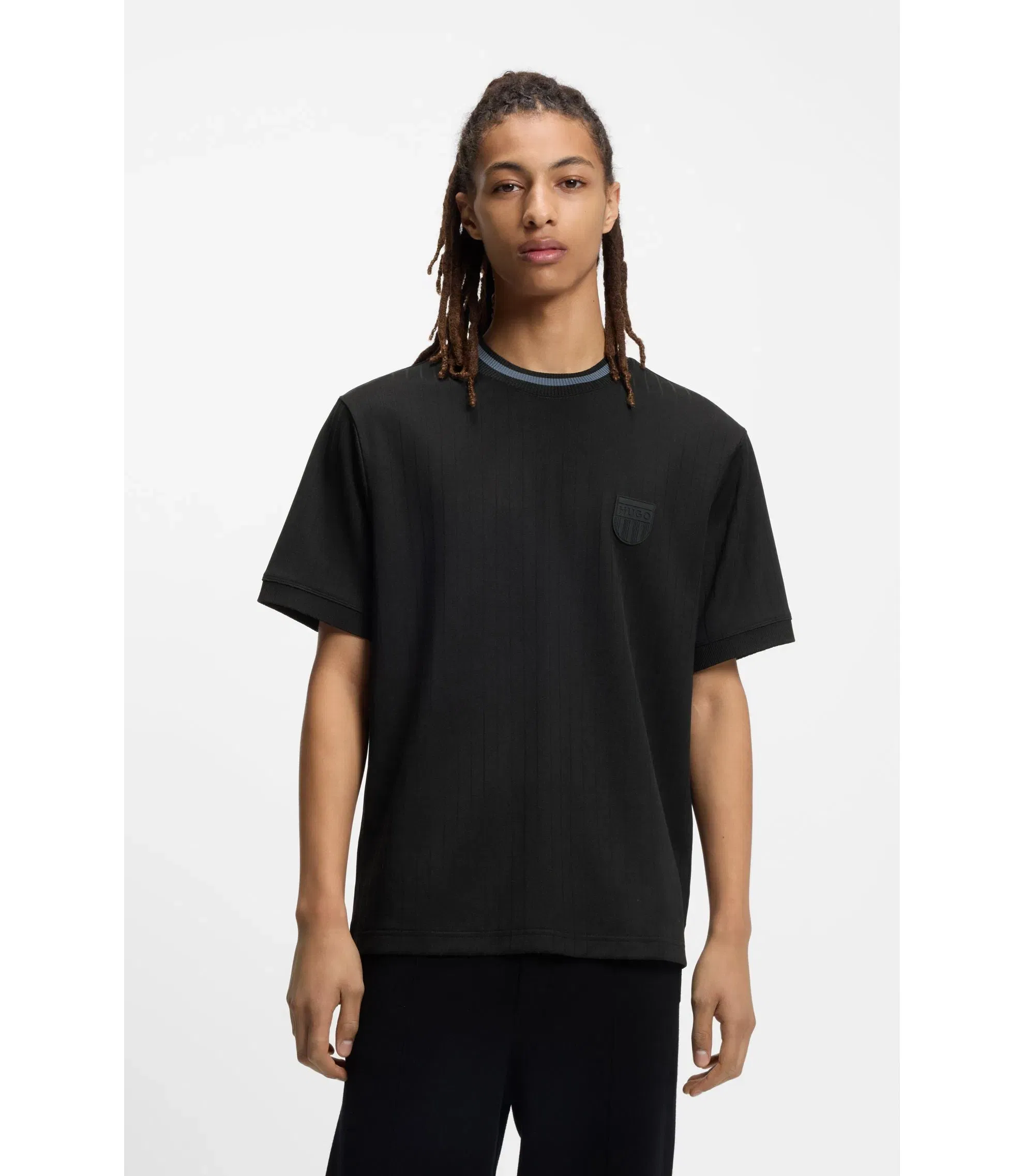 Hugo Cotton Blend T-Shirt With Drop Needle Stripe Black