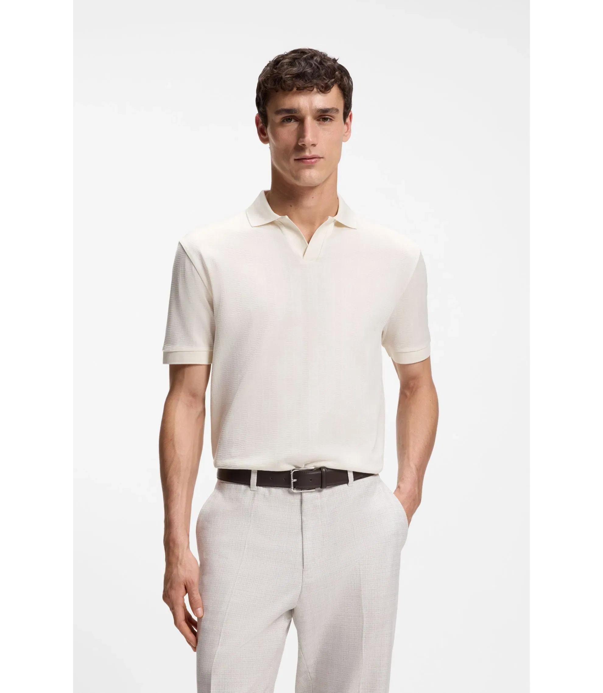 Boss Cotton Jacquard Polo Shirt With Johnny Collar White