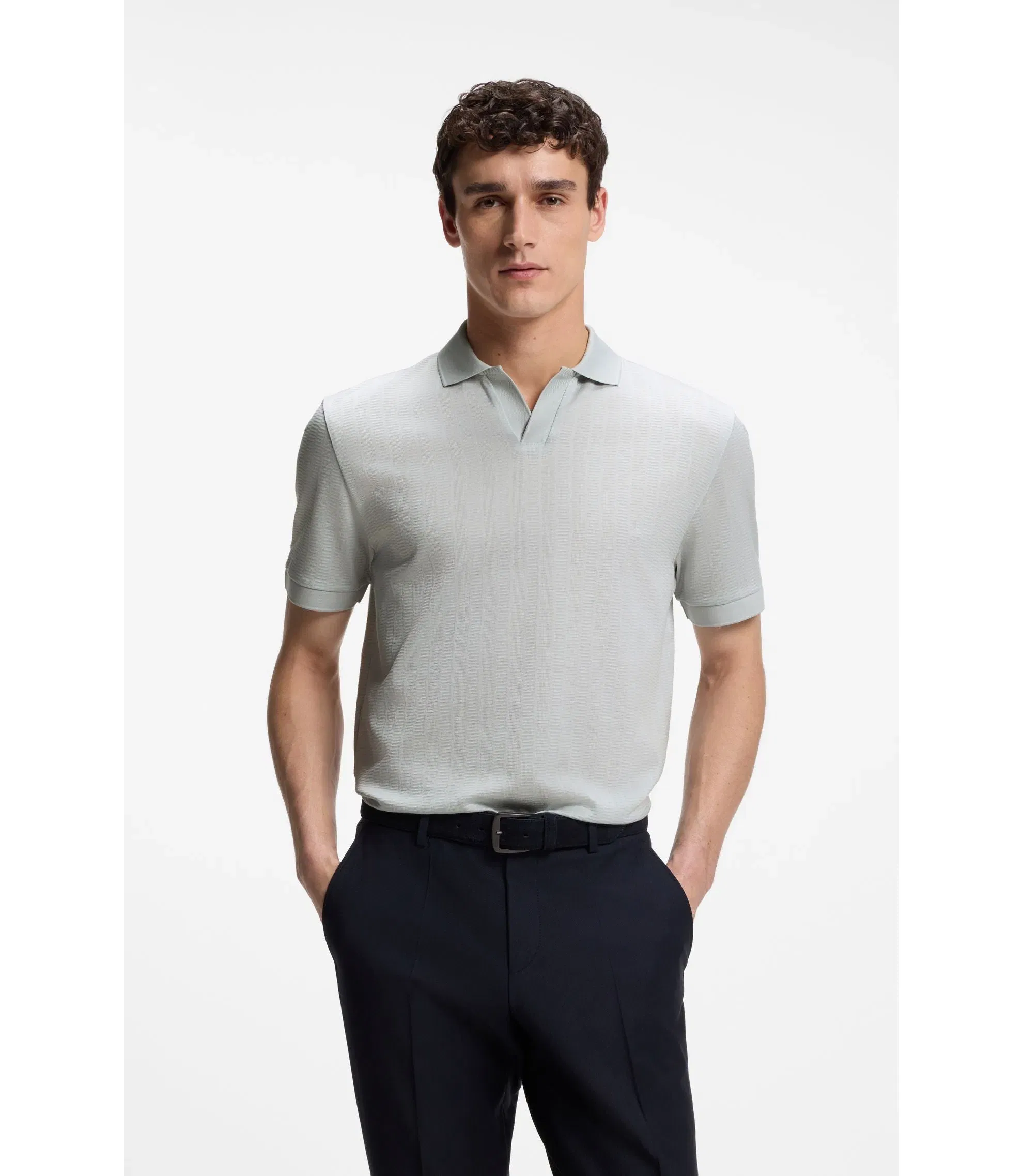 Boss Cotton Jacquard Polo Shirt With Johnny Collar Light Blue