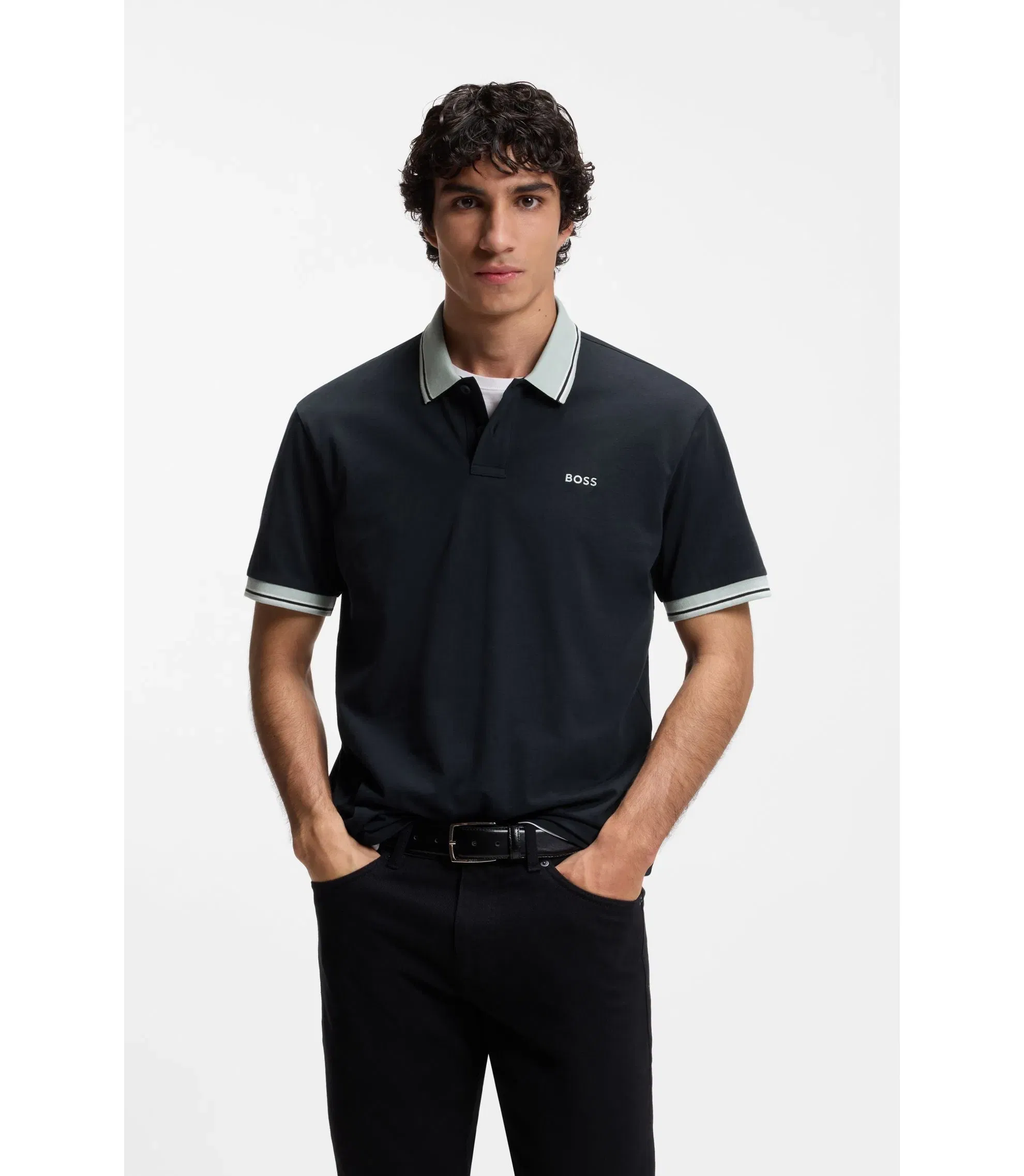 Boss Cotton Jersey Polo Shirt With Stripe Trims Dark Blue