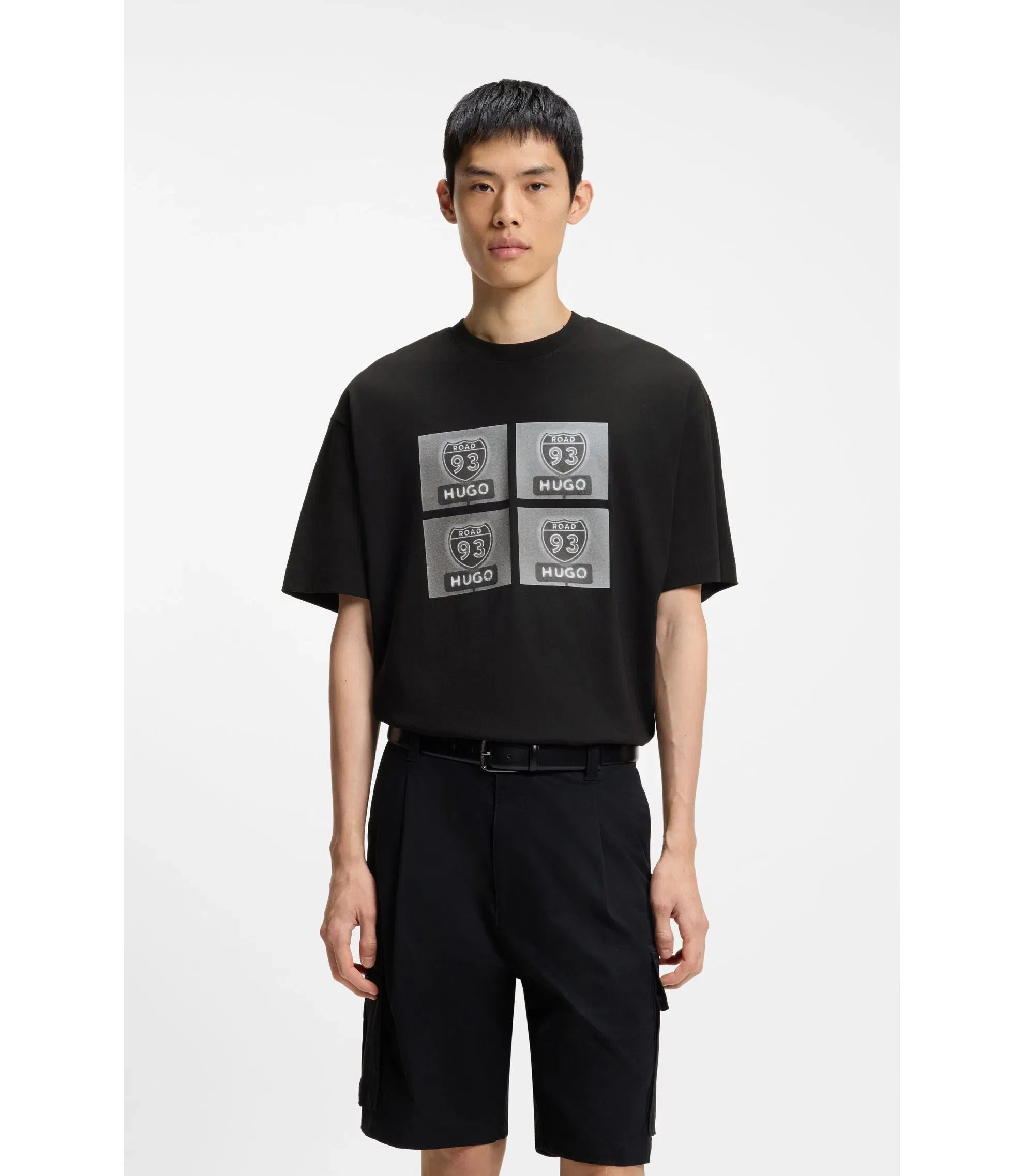 Hugo Cotton Jersey T-Shirt With Biker Inspired Artwork Black