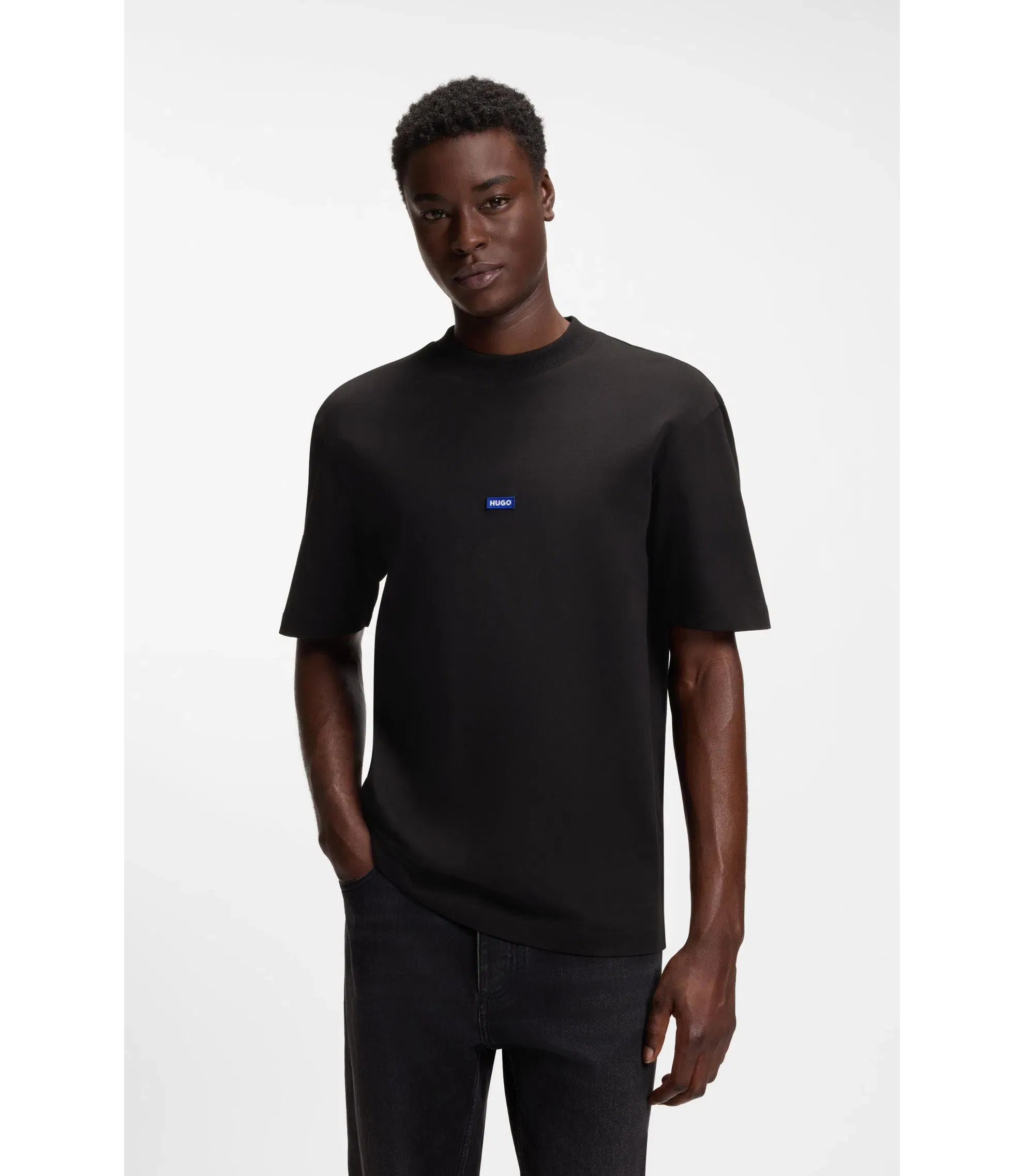 Hugo Cotton Jersey T-Shirt With Blue Logo Patch Black