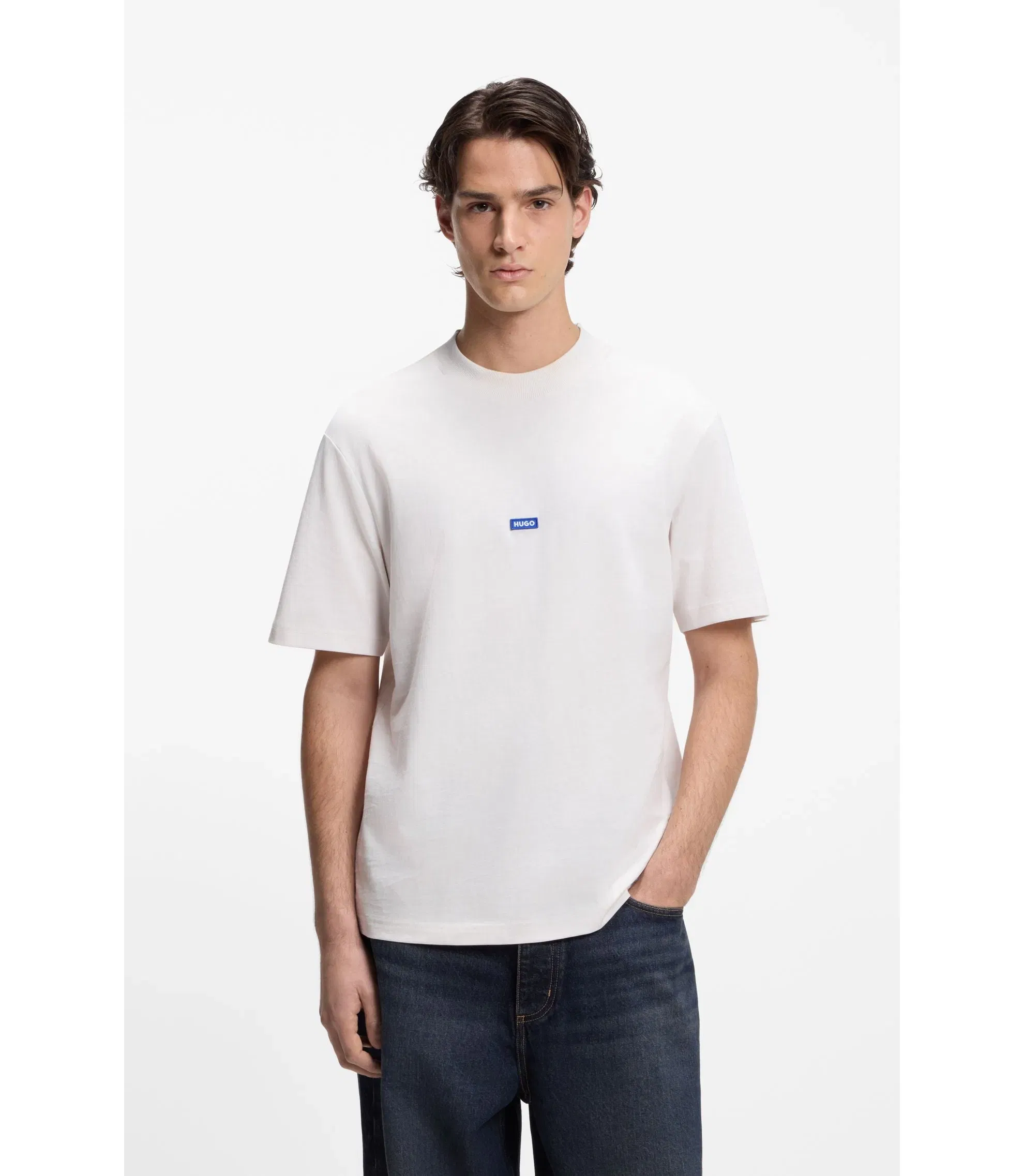 Hugo Cotton Jersey T-Shirt With Blue Logo Patch White