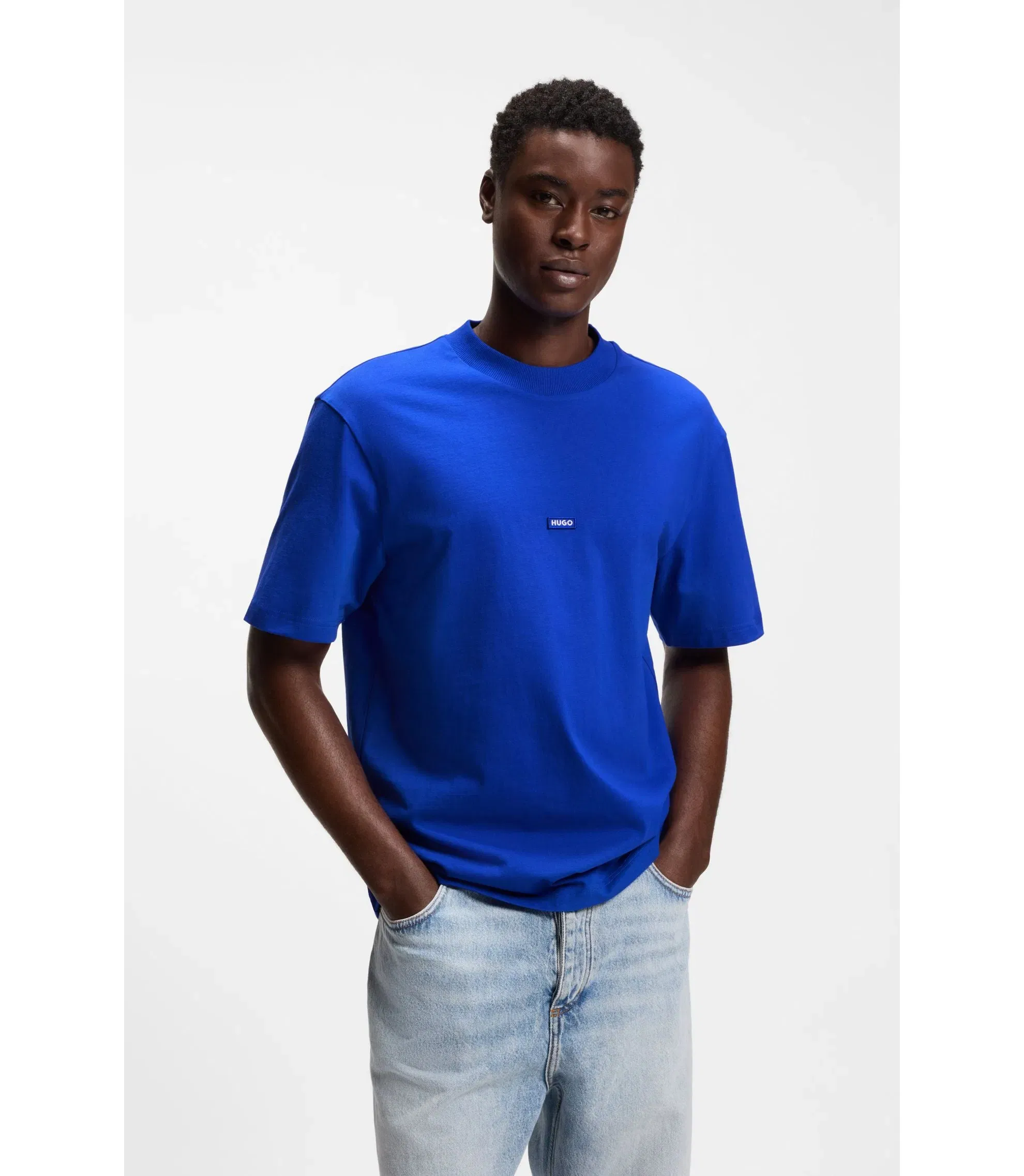 Hugo Cotton Jersey T-Shirt With Blue Logo Patch Light Blue