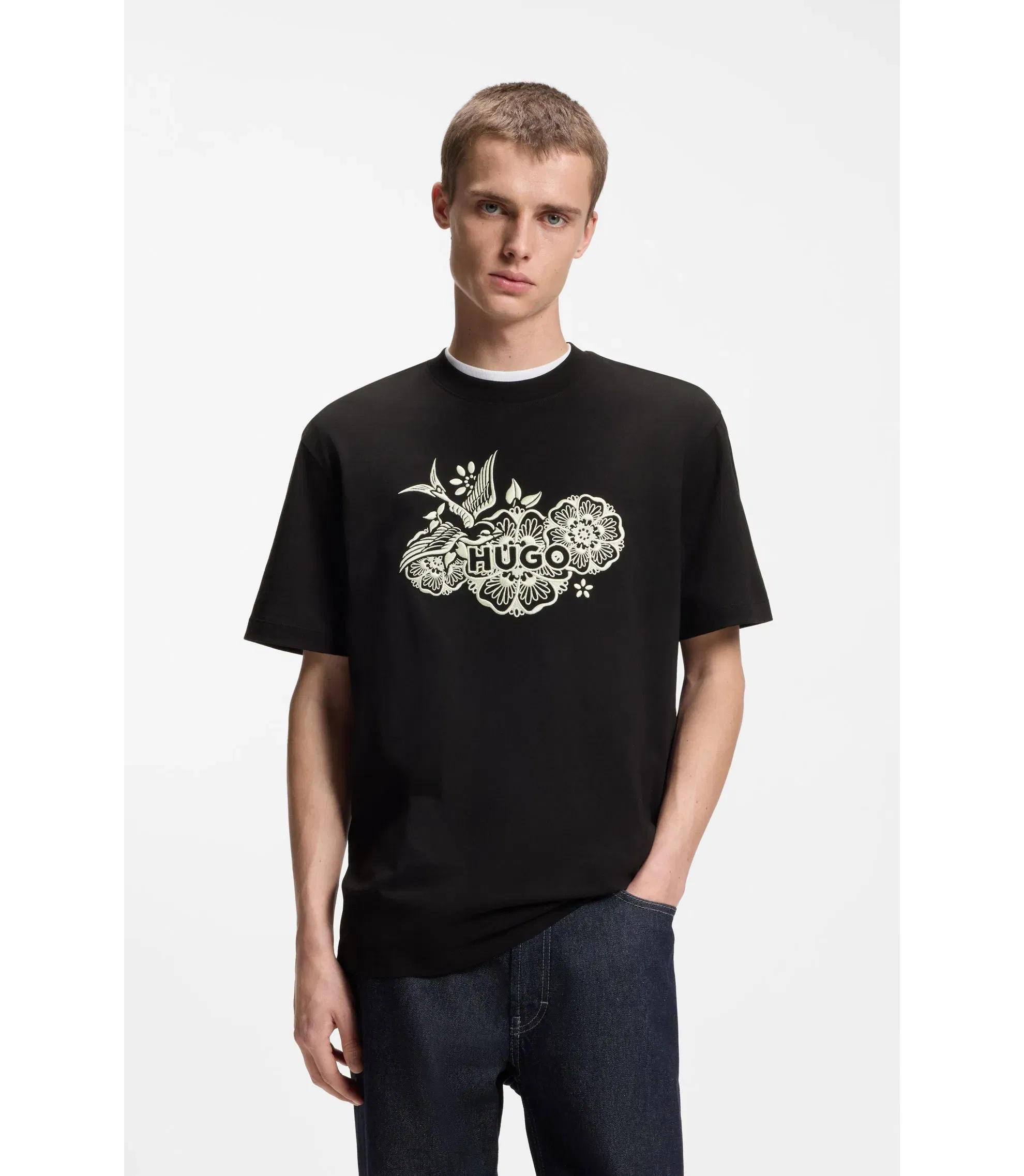 Hugo Cotton Jersey T-Shirt With Embroidered Artwork Black