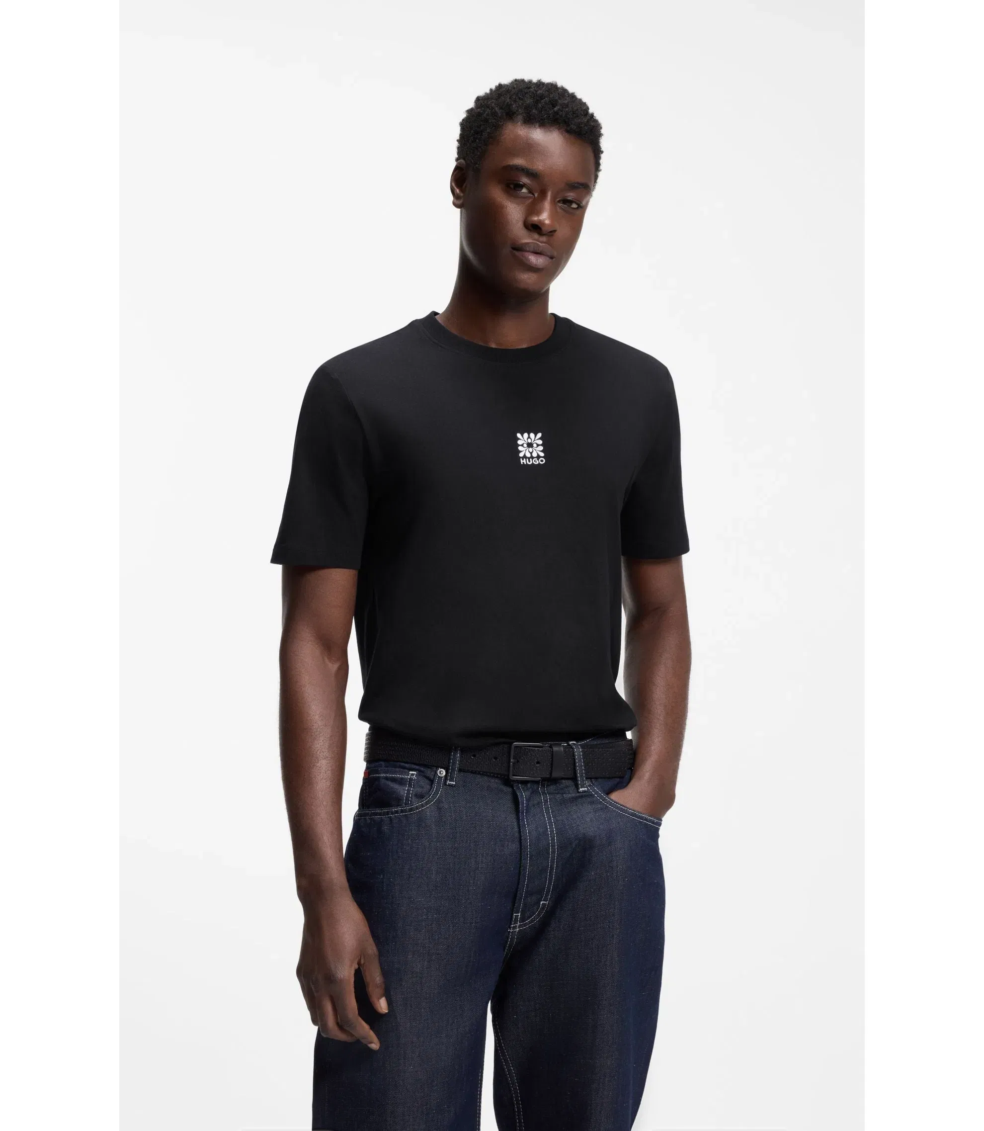 Hugo Cotton Jersey T-Shirt With Embroidered Logo Artwork Black