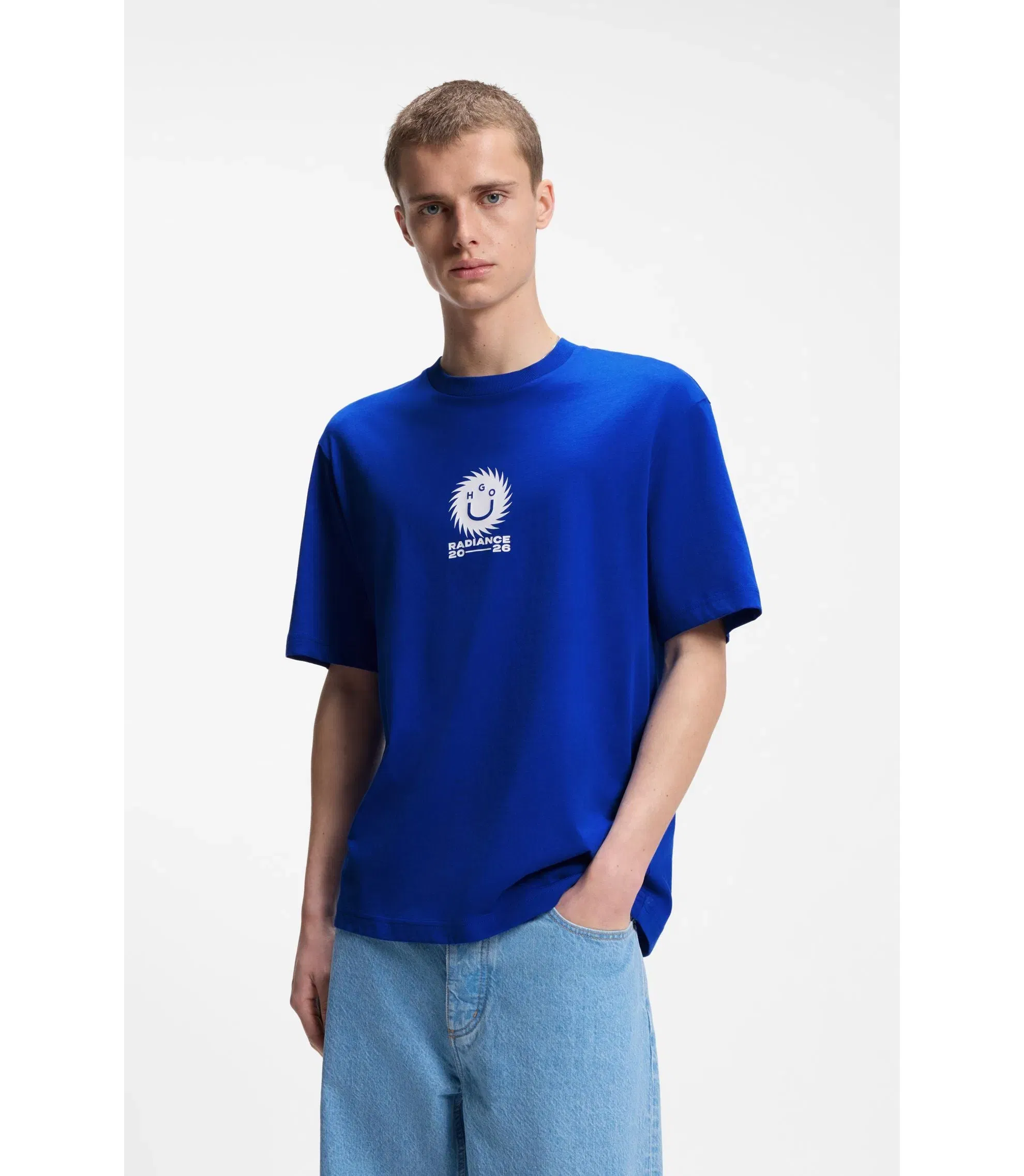 Hugo Cotton Jersey T-Shirt With Happy Hugo Artwork Light Blue