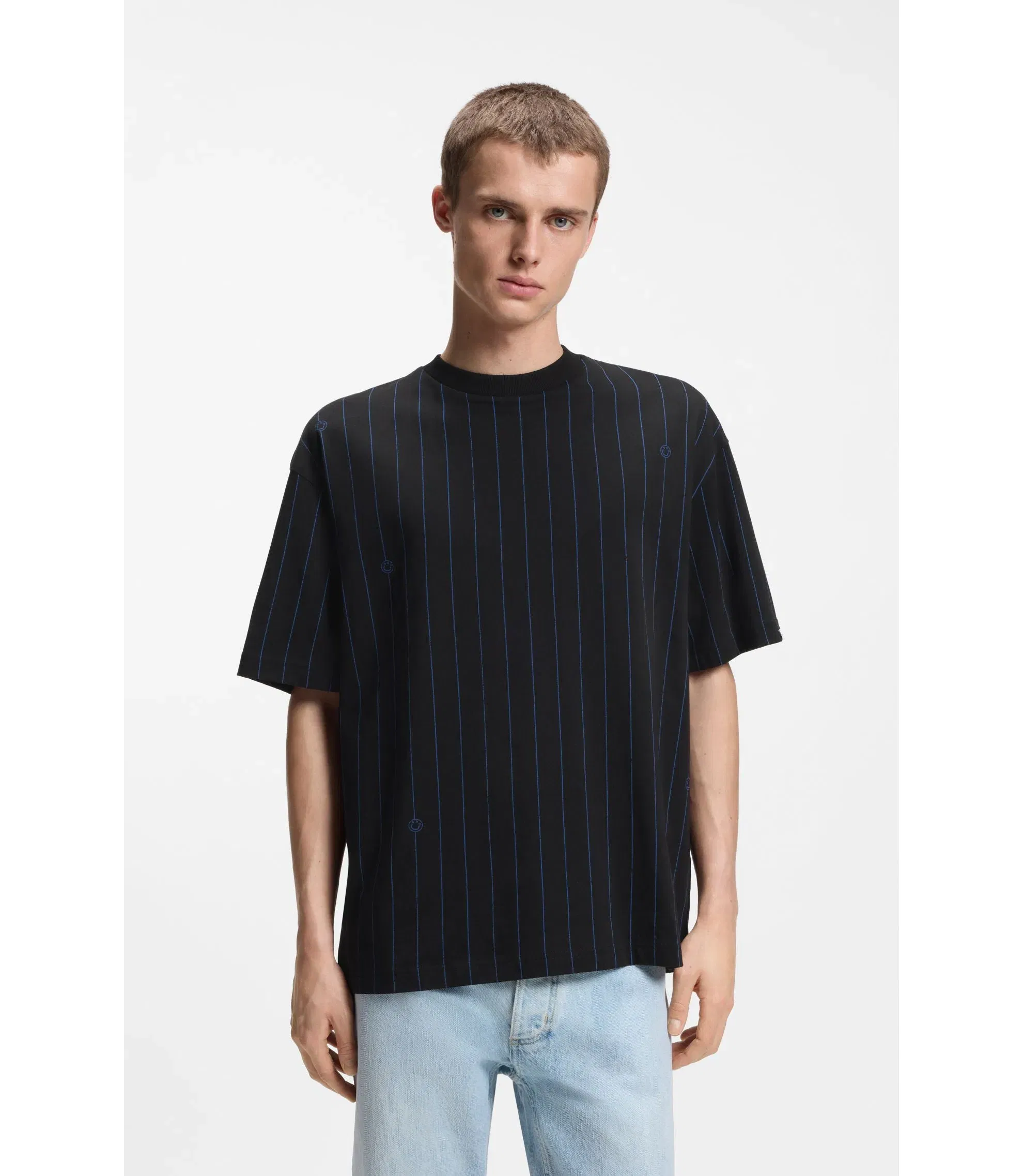 Hugo Cotton Jersey T-Shirt With Happy Hugos And Stripe Black