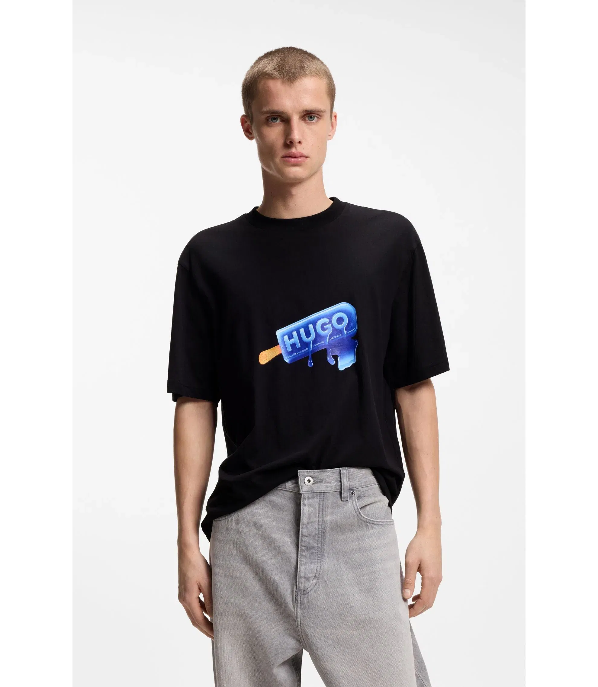 Hugo Cotton Jersey T-Shirt With Ice Lolly Artwork Black