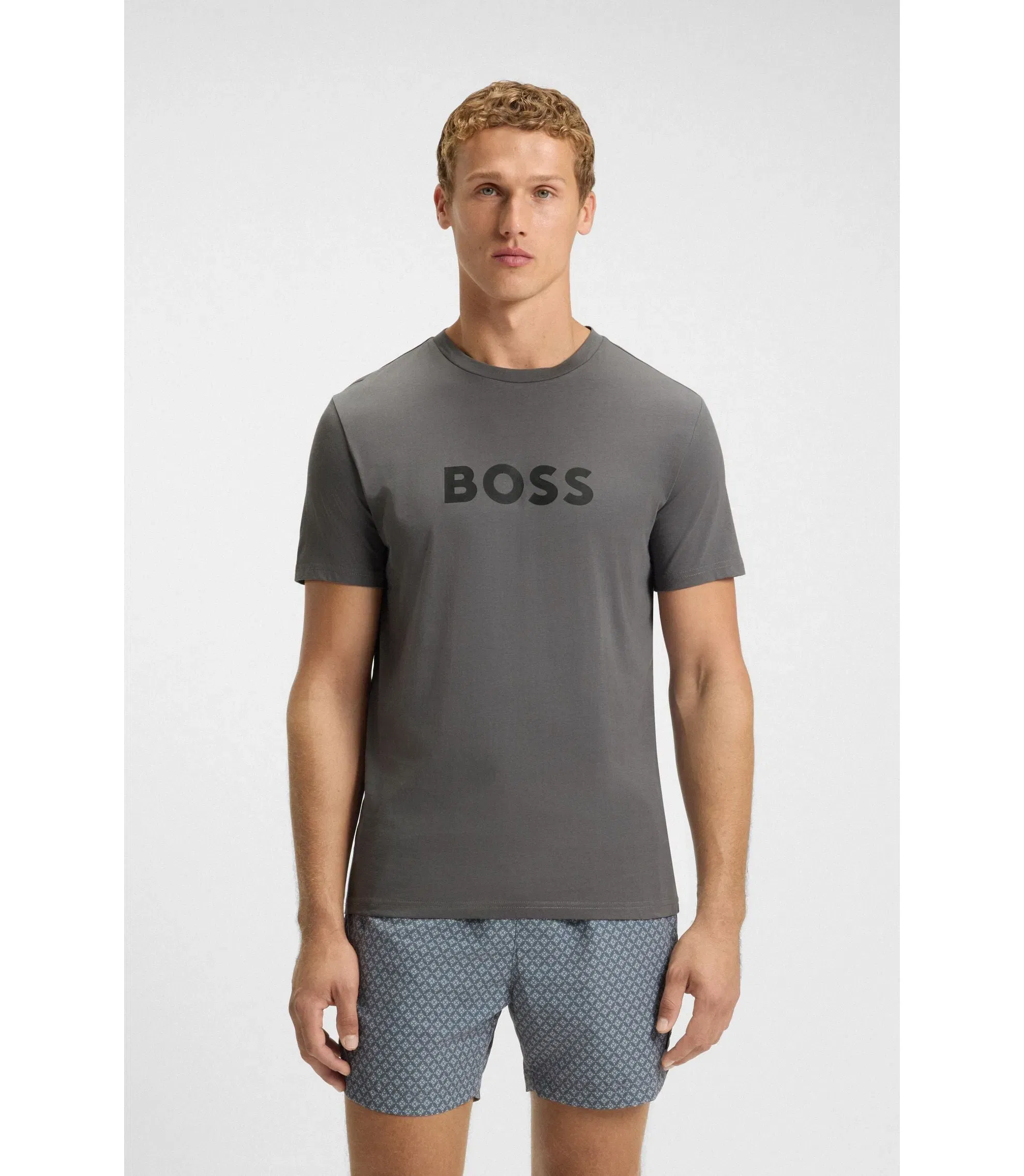 Boss Cotton Jersey T-Shirt With Logo Print Dark Grey