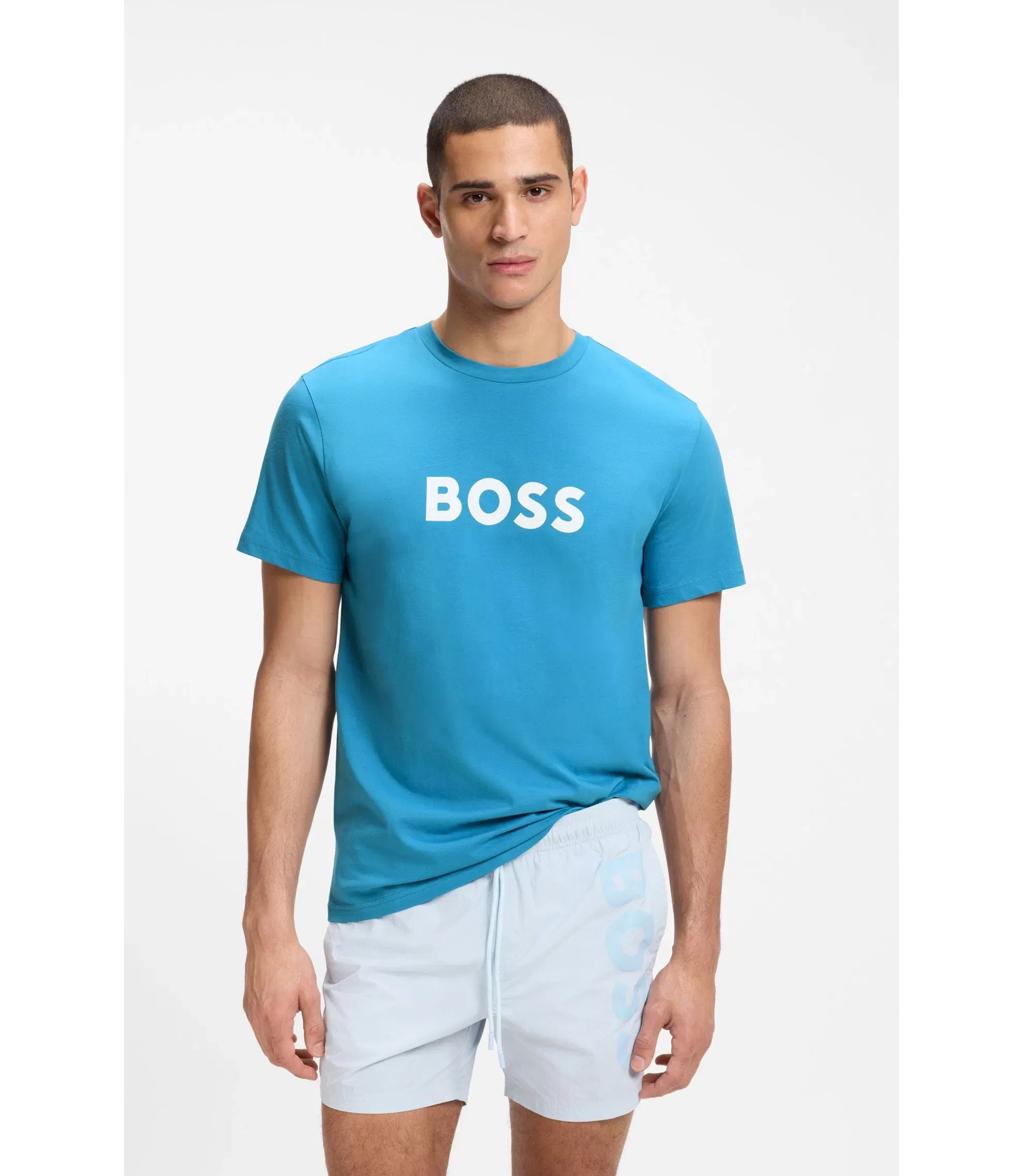 Boss Cotton Jersey T-Shirt With Logo Print Turquoise