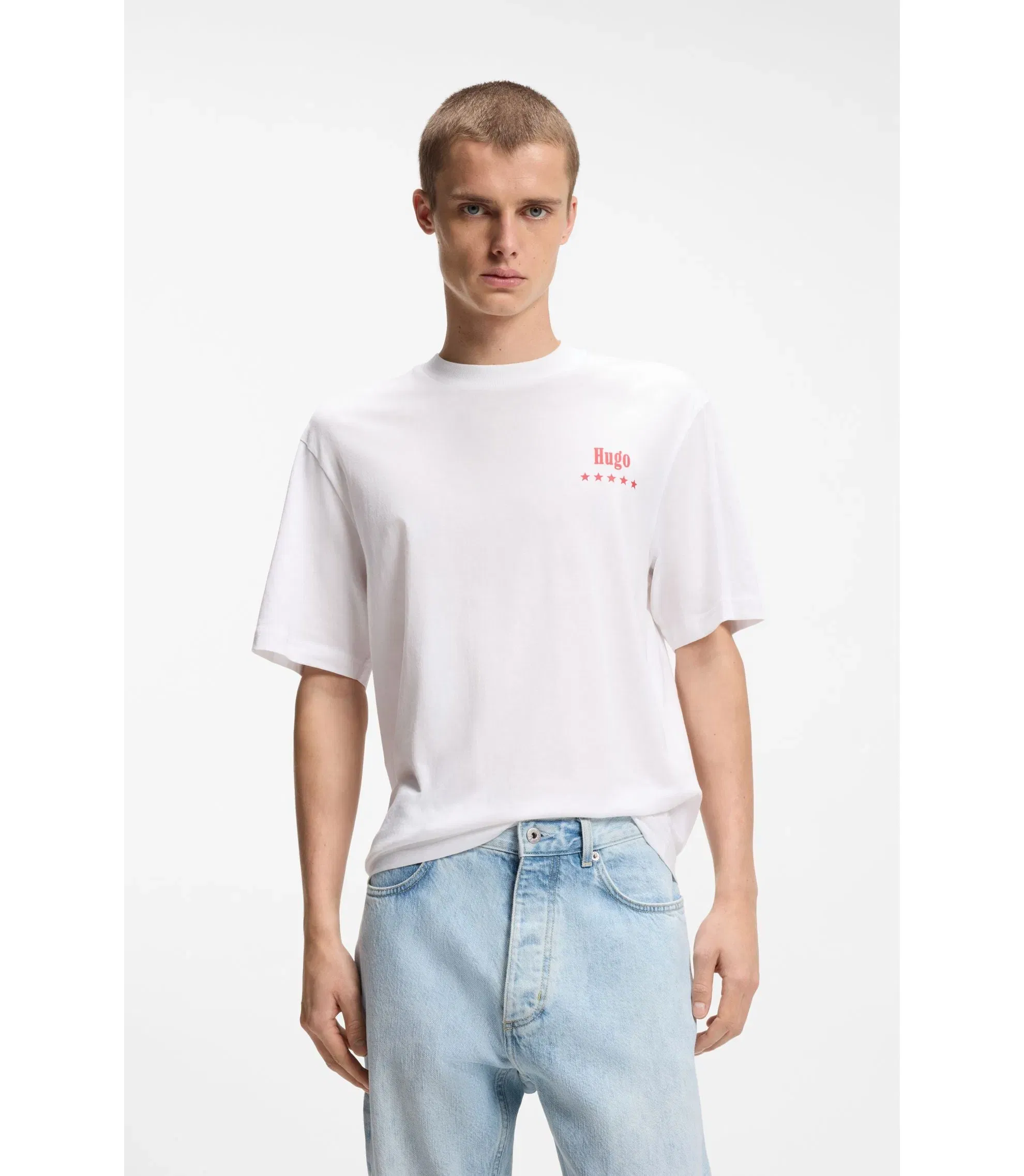 Hugo Cotton Jersey T-Shirt With Printed Artwork White