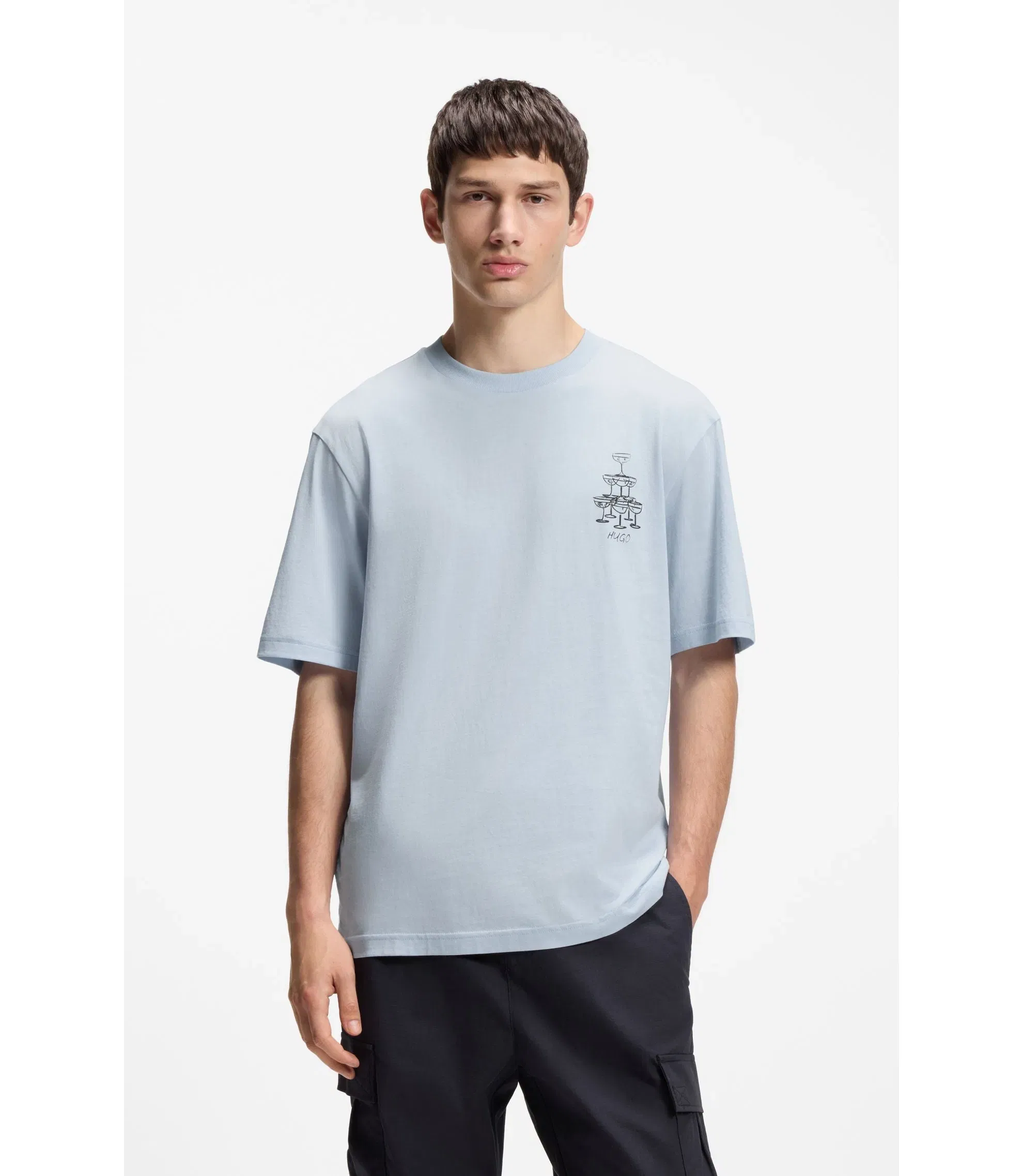 Hugo Cotton Jersey T-Shirt With Printed Artwork Light Blue