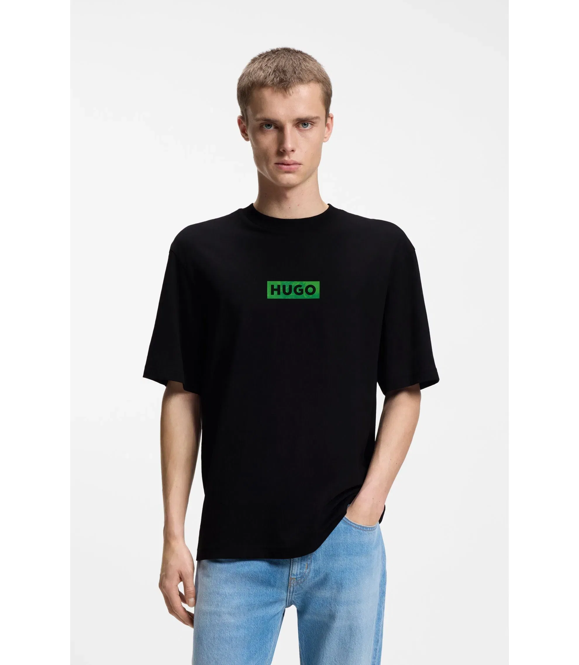 Hugo Cotton Jersey T-Shirt With Printed Artwork Black