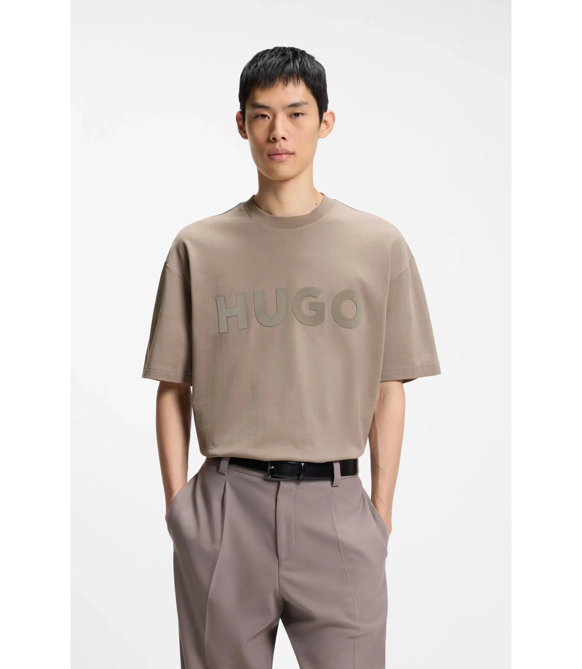 Hugo Cotton Jersey T-Shirt With Reflective Logo Light Brown
