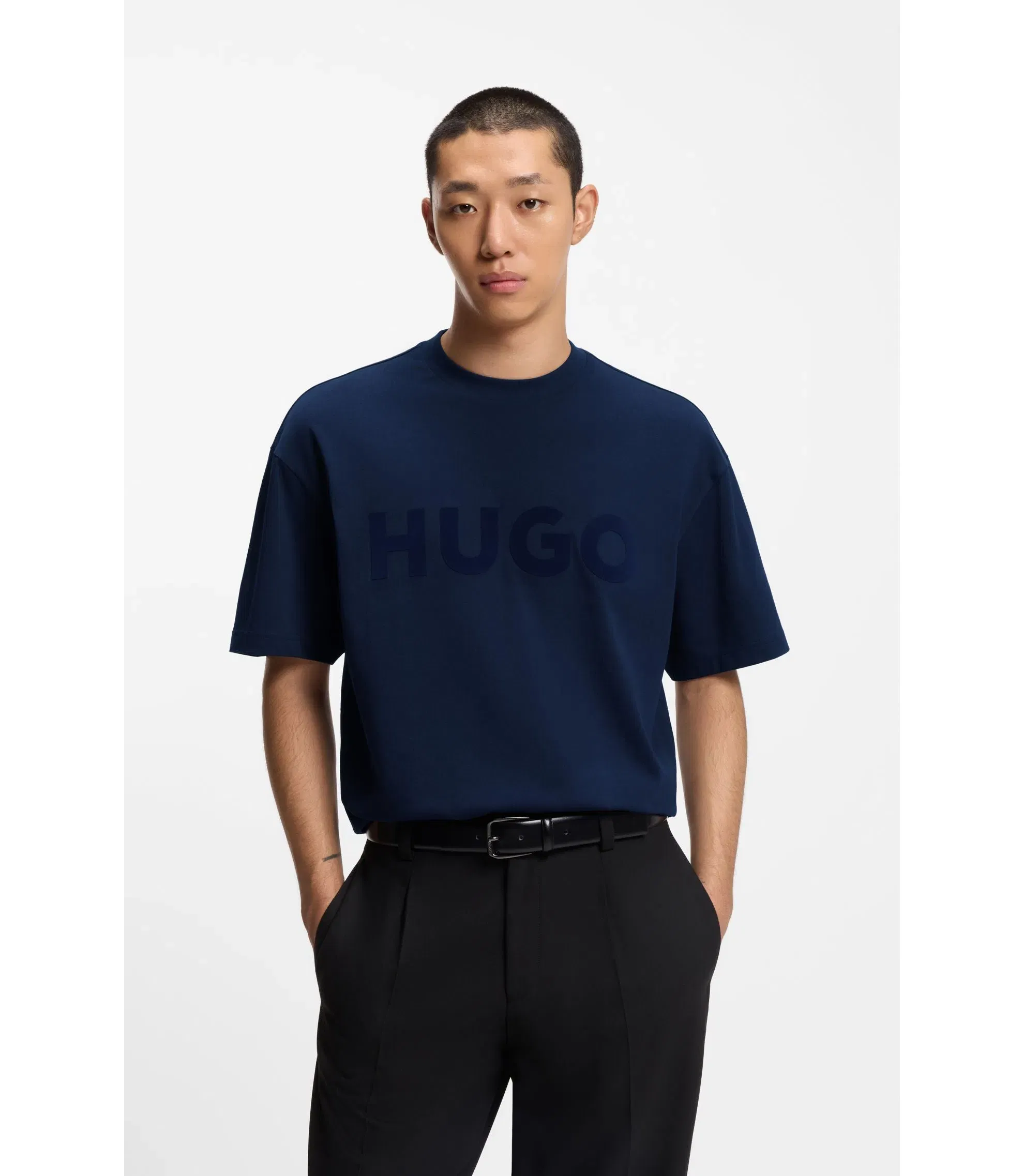 Hugo Cotton Jersey T-Shirt With Reflective Logo Dark Blue
