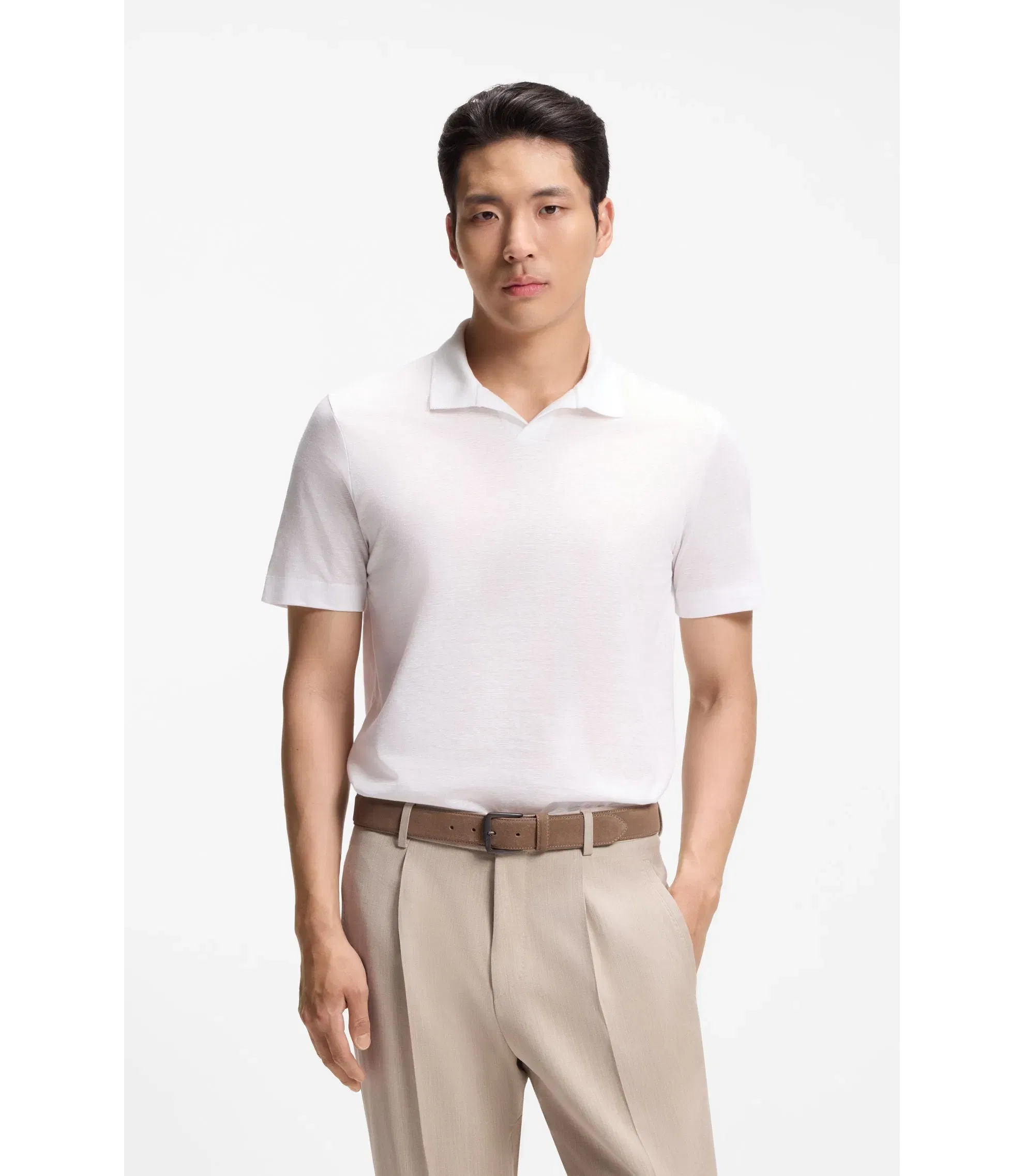Boss Cotton Linen Polo Shirt With Johnny Collar White