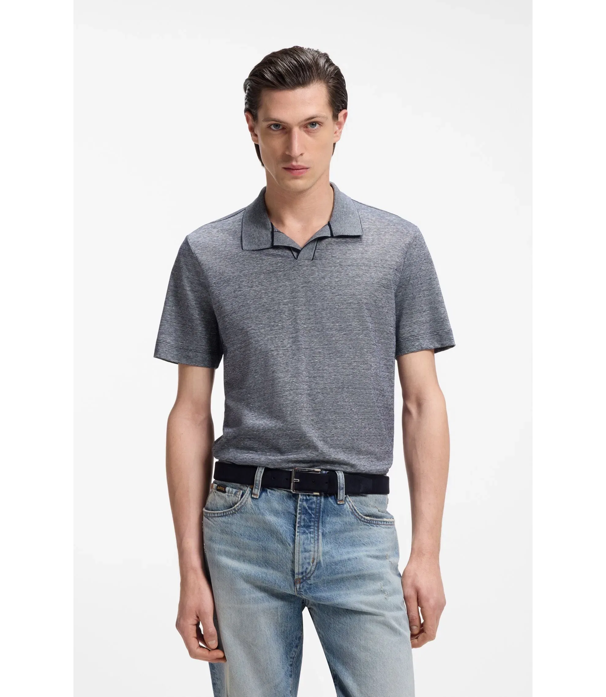 Boss Cotton Linen Polo Shirt With Johnny Collar Dark Blue