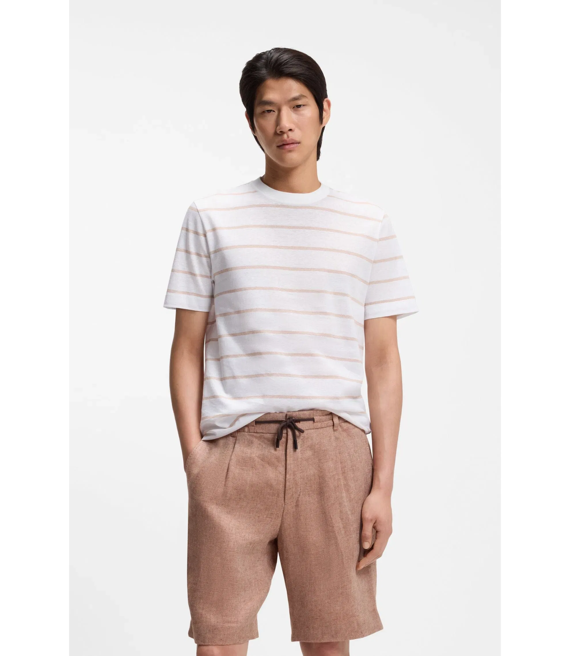 Boss Cotton Linen T-Shirt With Horizontal Stripe White