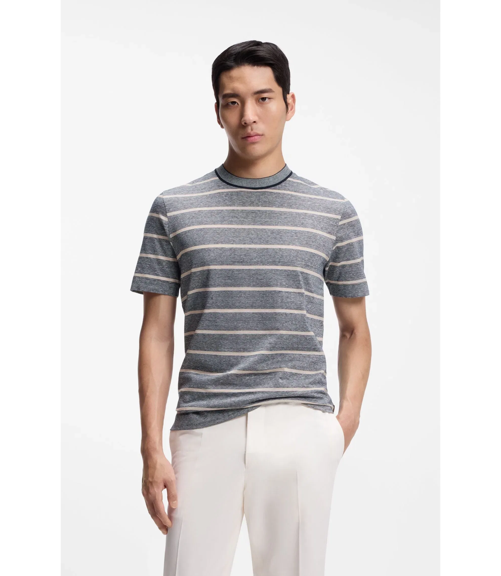 Boss Cotton Linen T-Shirt With Horizontal Stripe Dark Blue