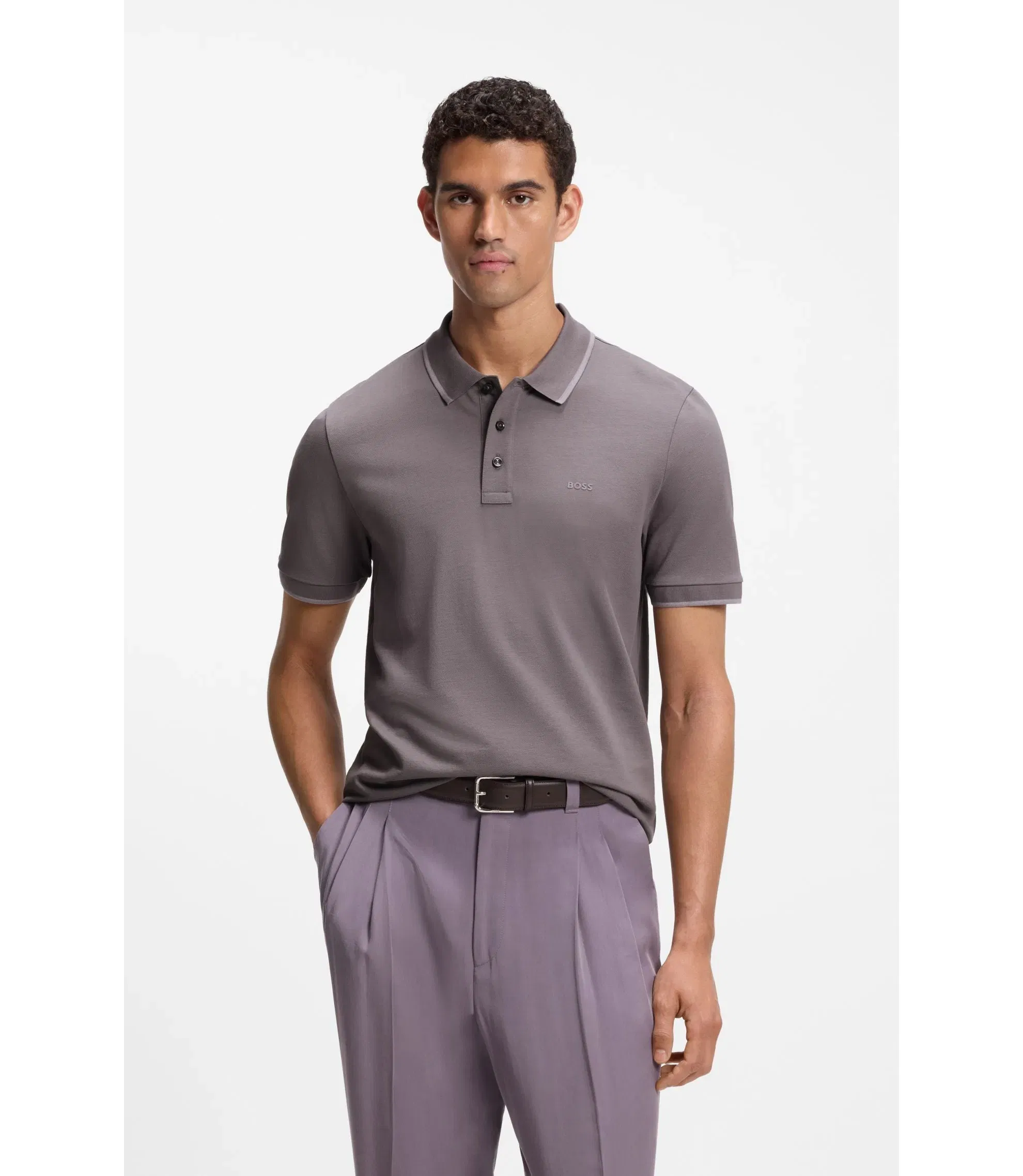 Boss Cotton Piqu Polo Shirt With Contrast Tipping Purple