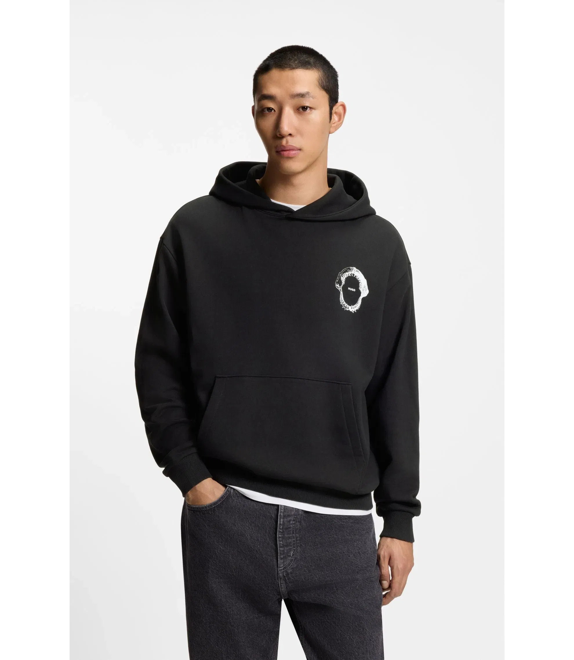 Hugo Marine Artwork Hoodie In Cotton Terry Black