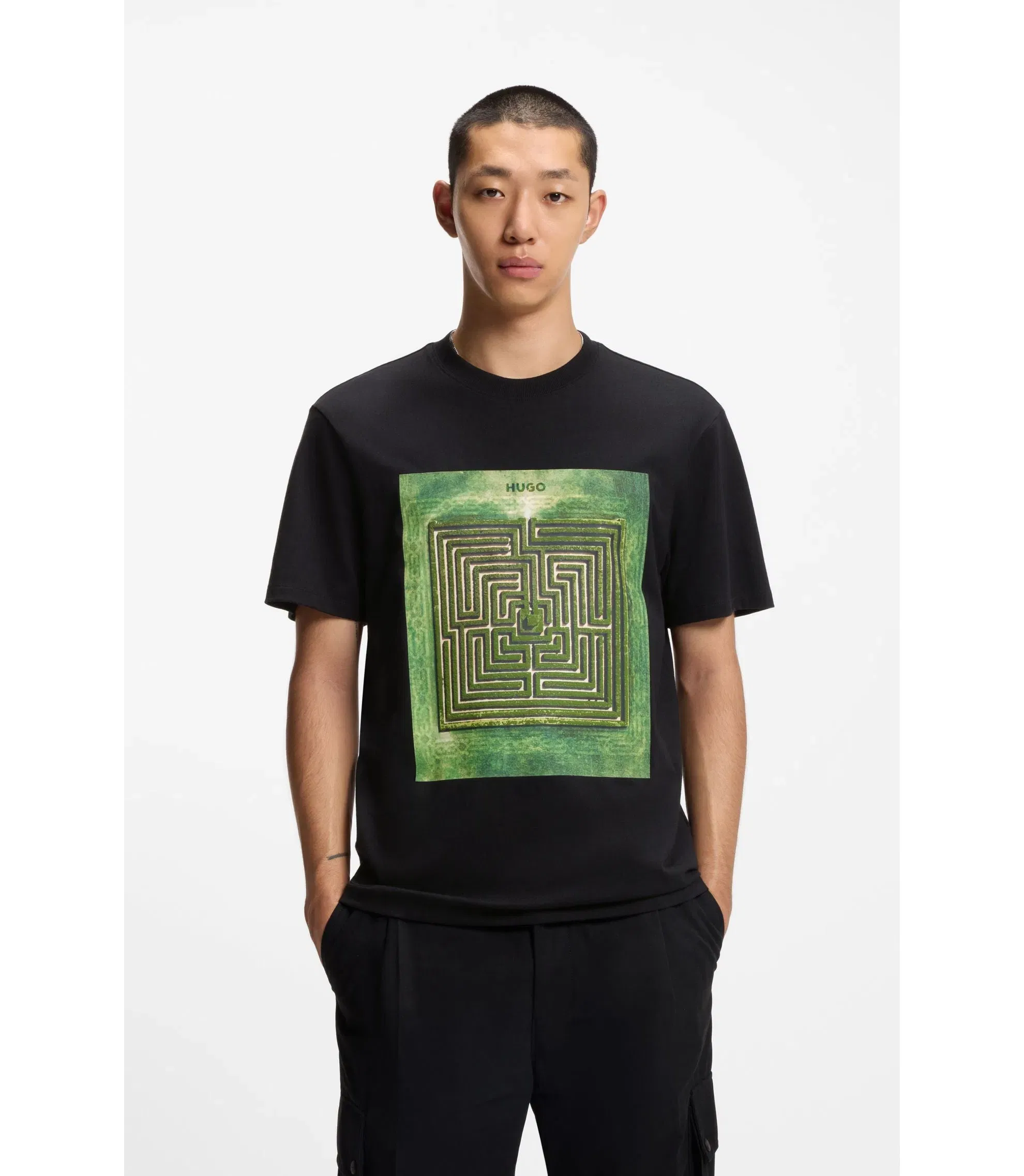 Hugo Maze Print T-Shirt In Cotton Jersey Black