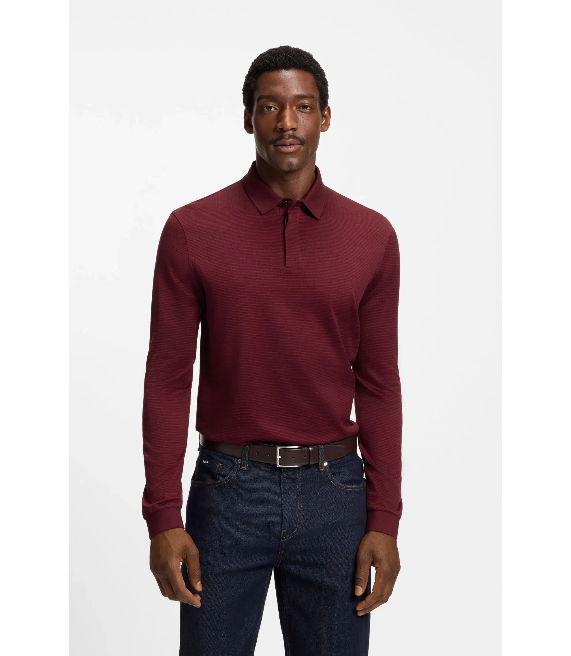 Boss Mercerised Cotton Polo Shirt With Plain Collar Dark Red