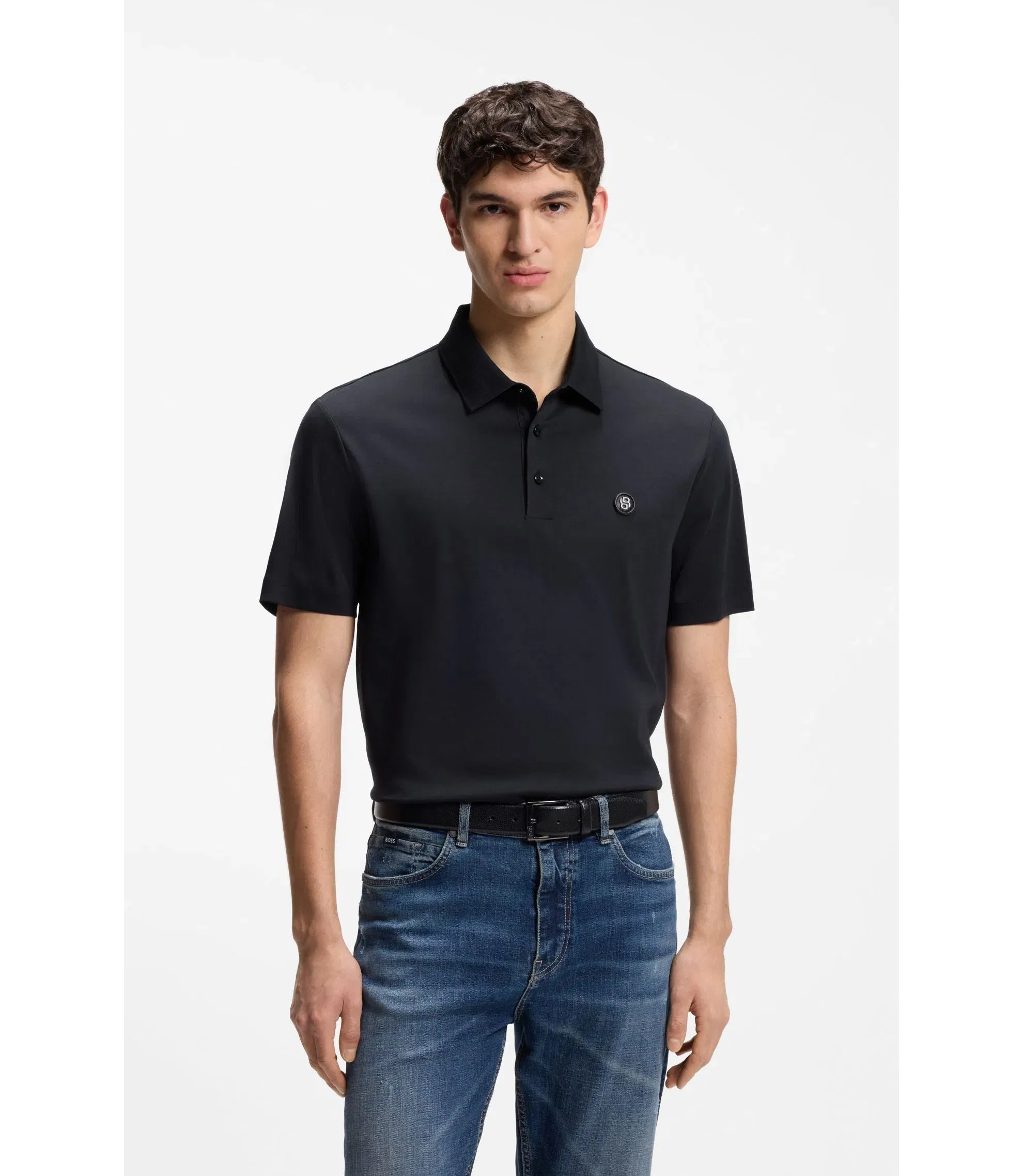Boss Mercerized Cotton Polo Shirt With Double B Monogram Dark Blue