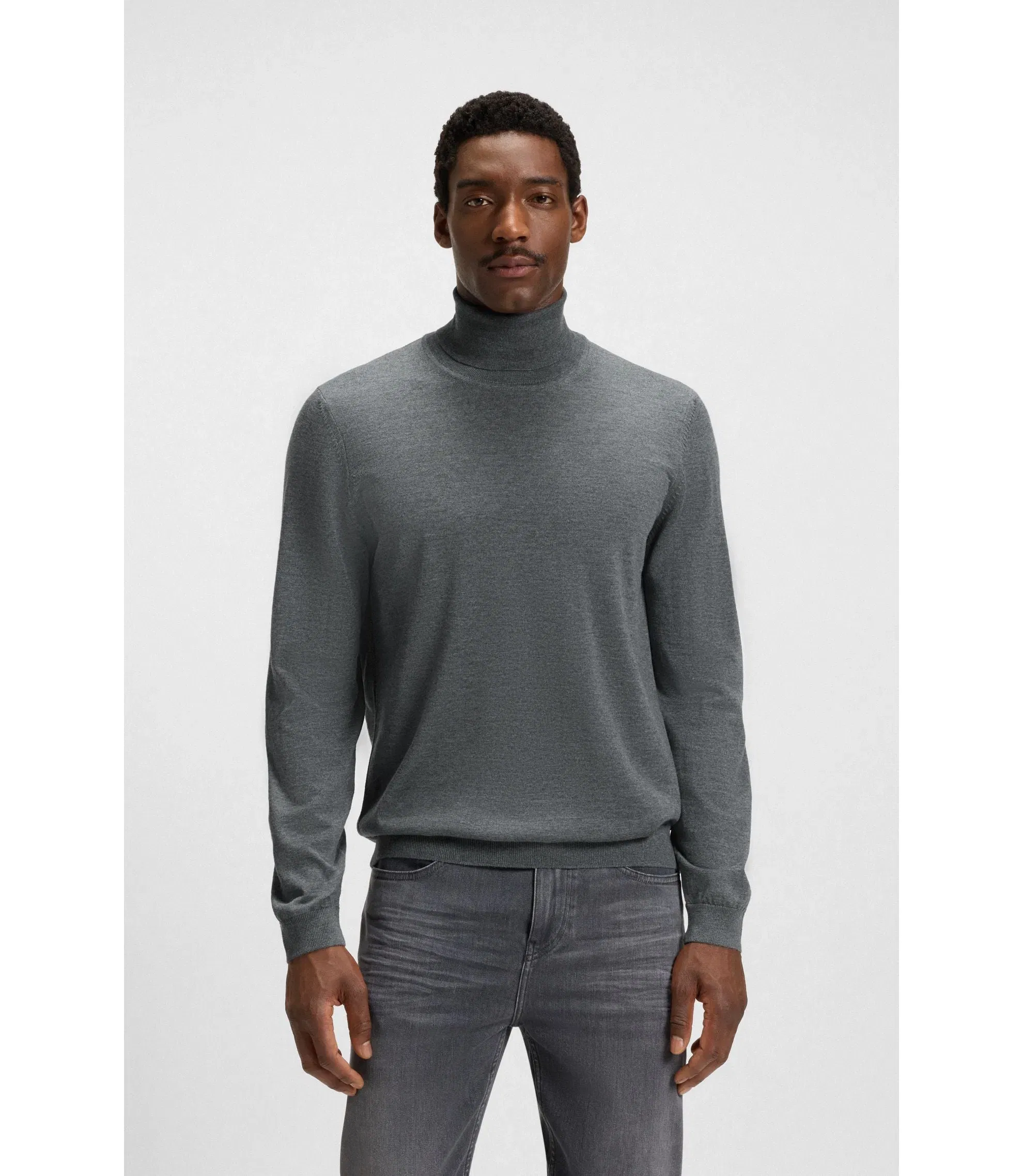Boss Merino Wool Rollneck Sweater In A Slim Fit Grey