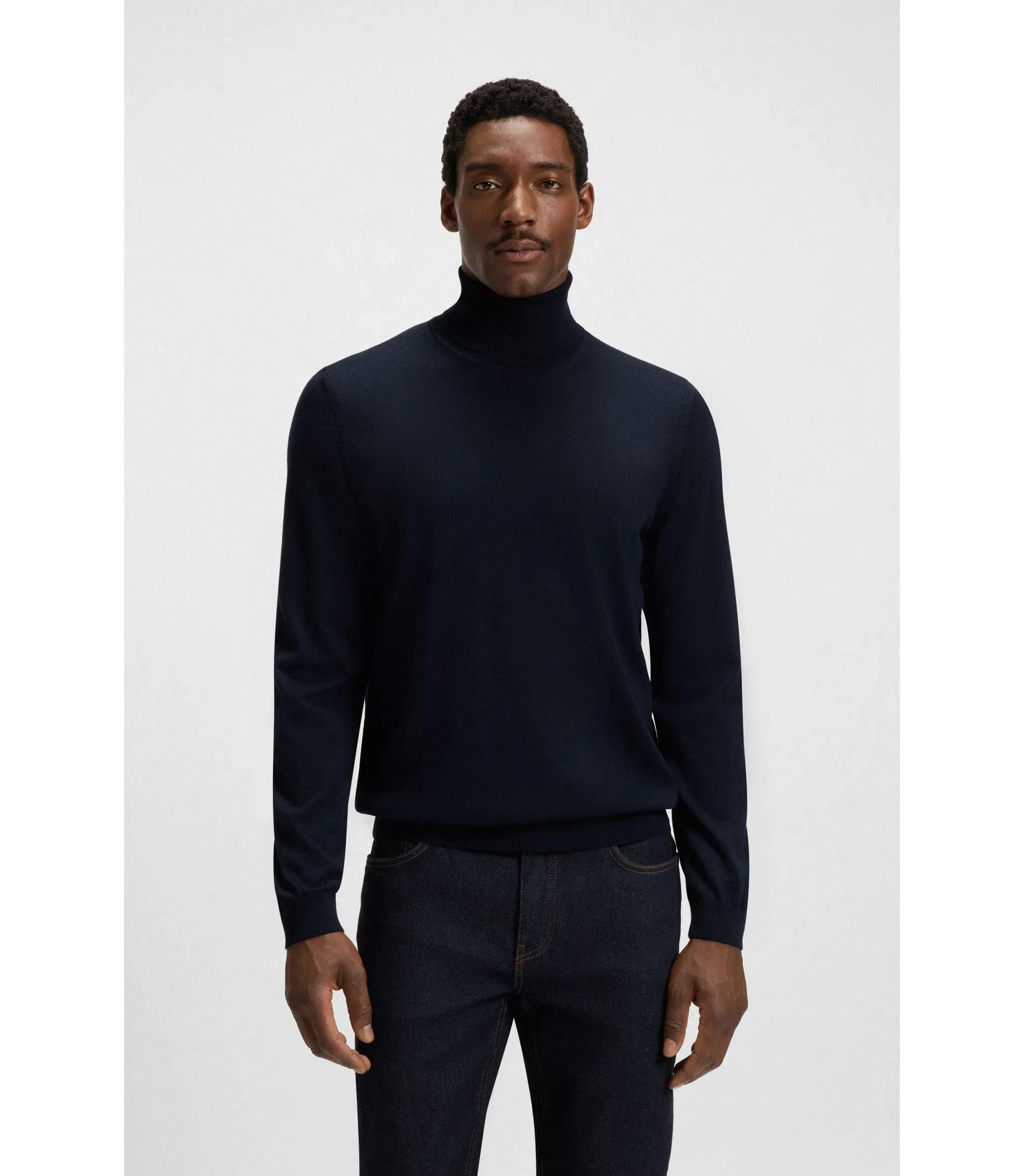 Boss Merino Wool Rollneck Sweater In A Slim Fit Dark Blue