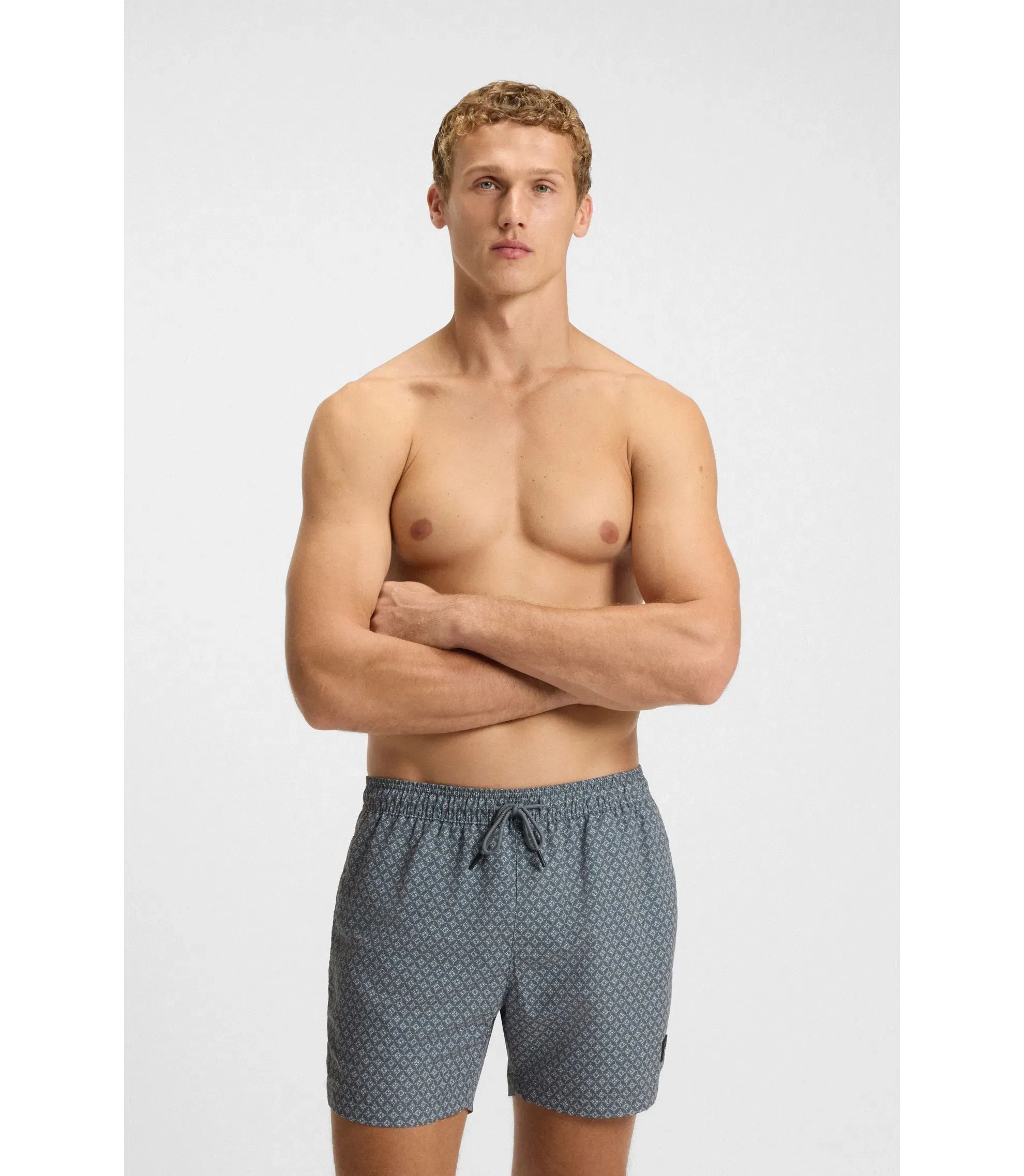 Boss Micro Print Swim Trunks With Logo Patch Dark Grey