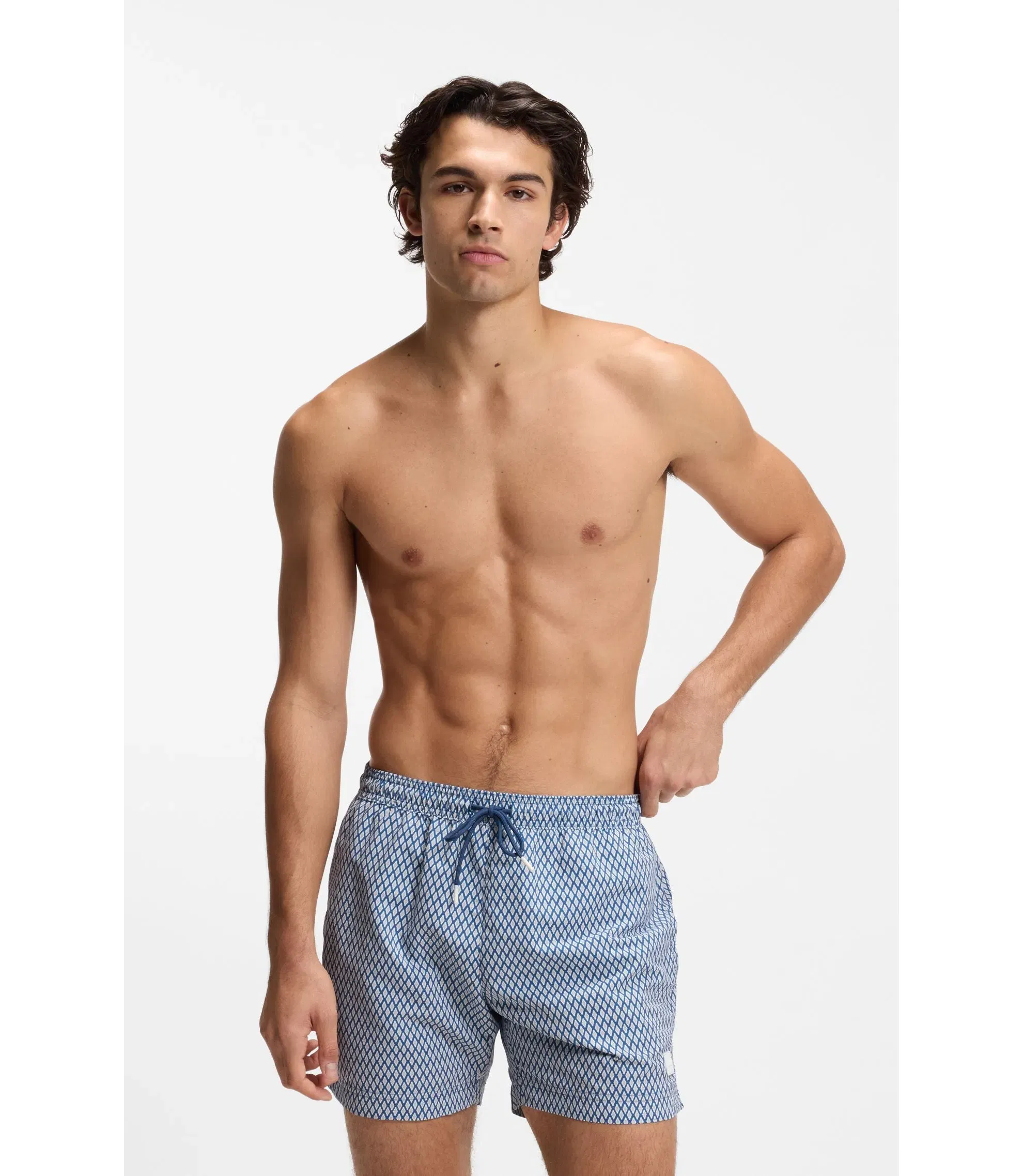 Boss Micro Print Swim Trunks With Logo Patch Light Blue