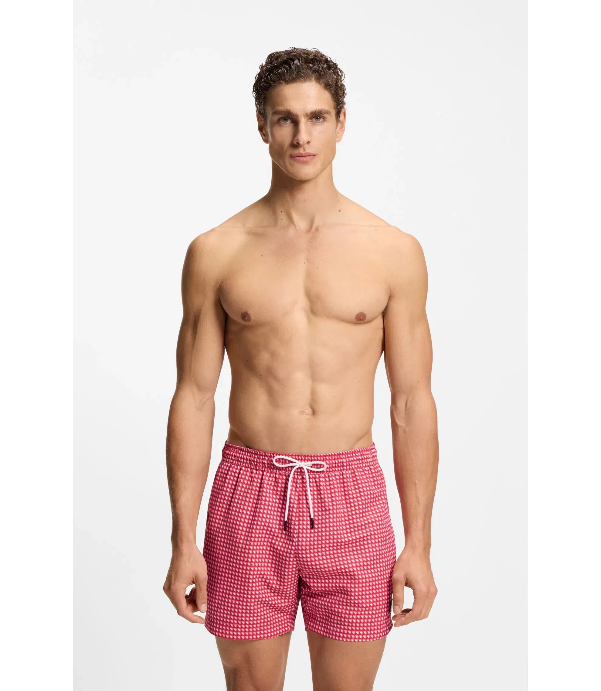 Boss Micro Print Swim Trunks With Logo Patch Dark Red