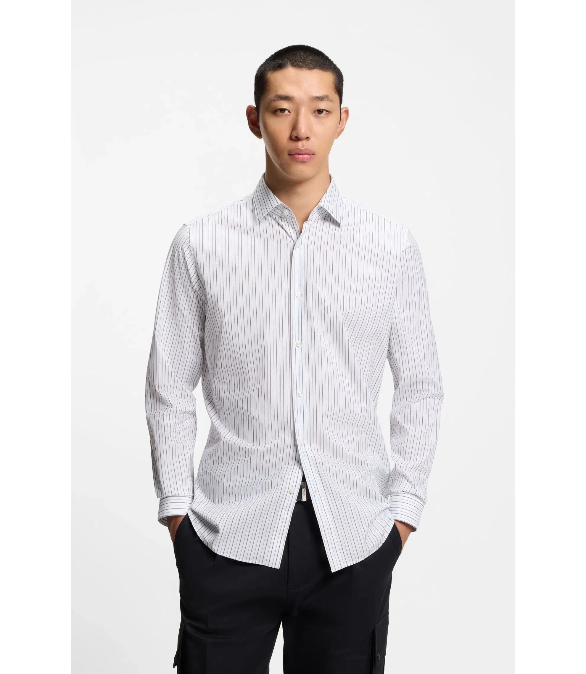 Hugo Modern Fit Shirt In Striped Cotton White