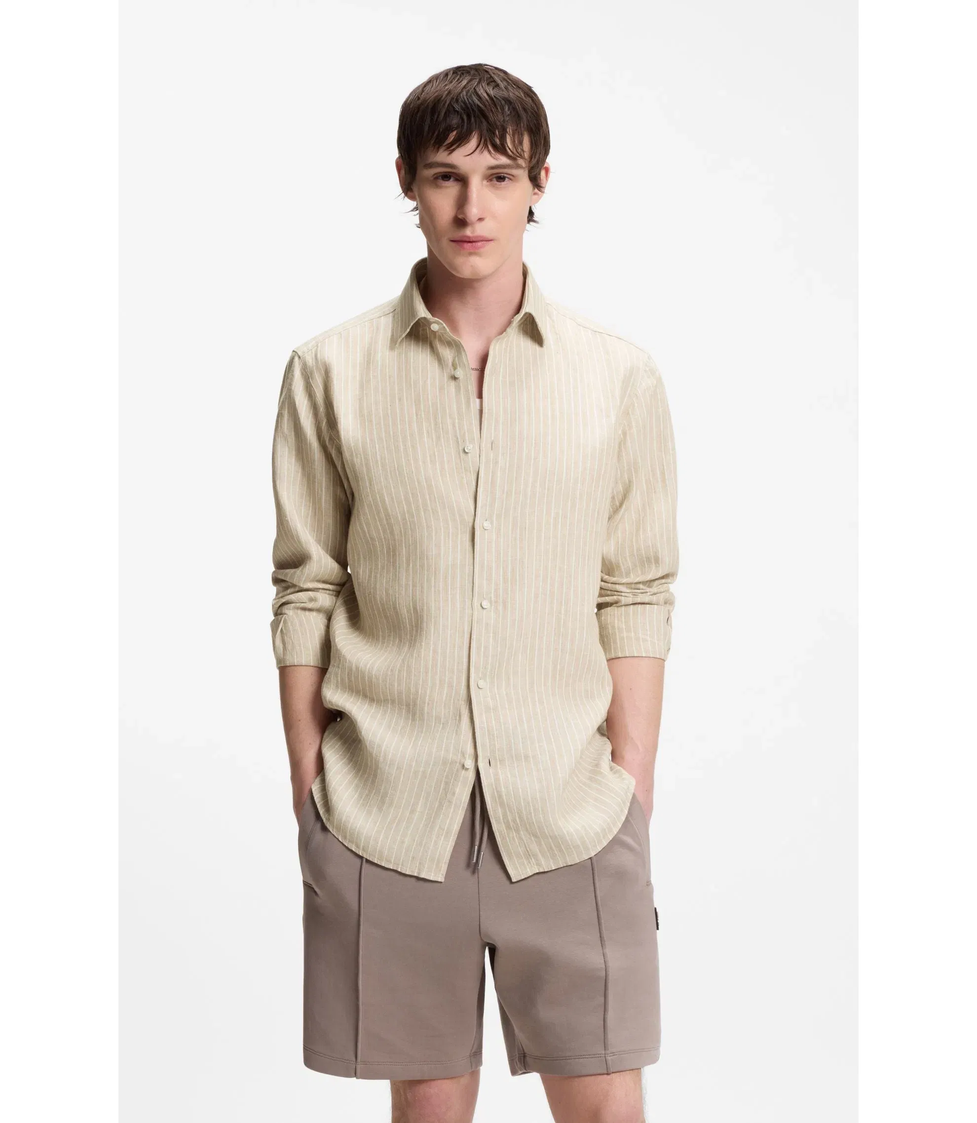 Hugo Modern Fit Shirt In Striped Linen Beige