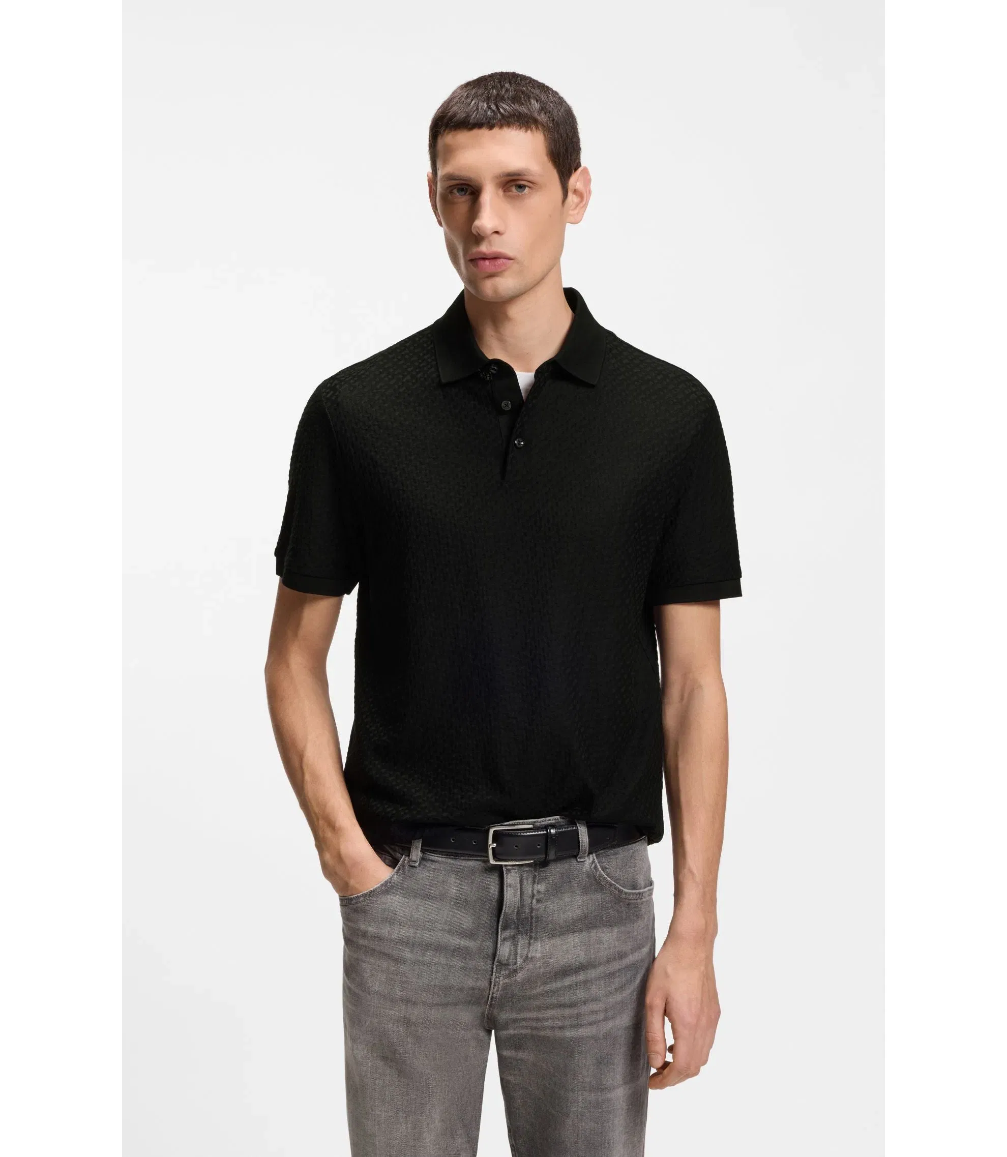 Boss Monogram Jacquard Polo Shirt In Cotton Black