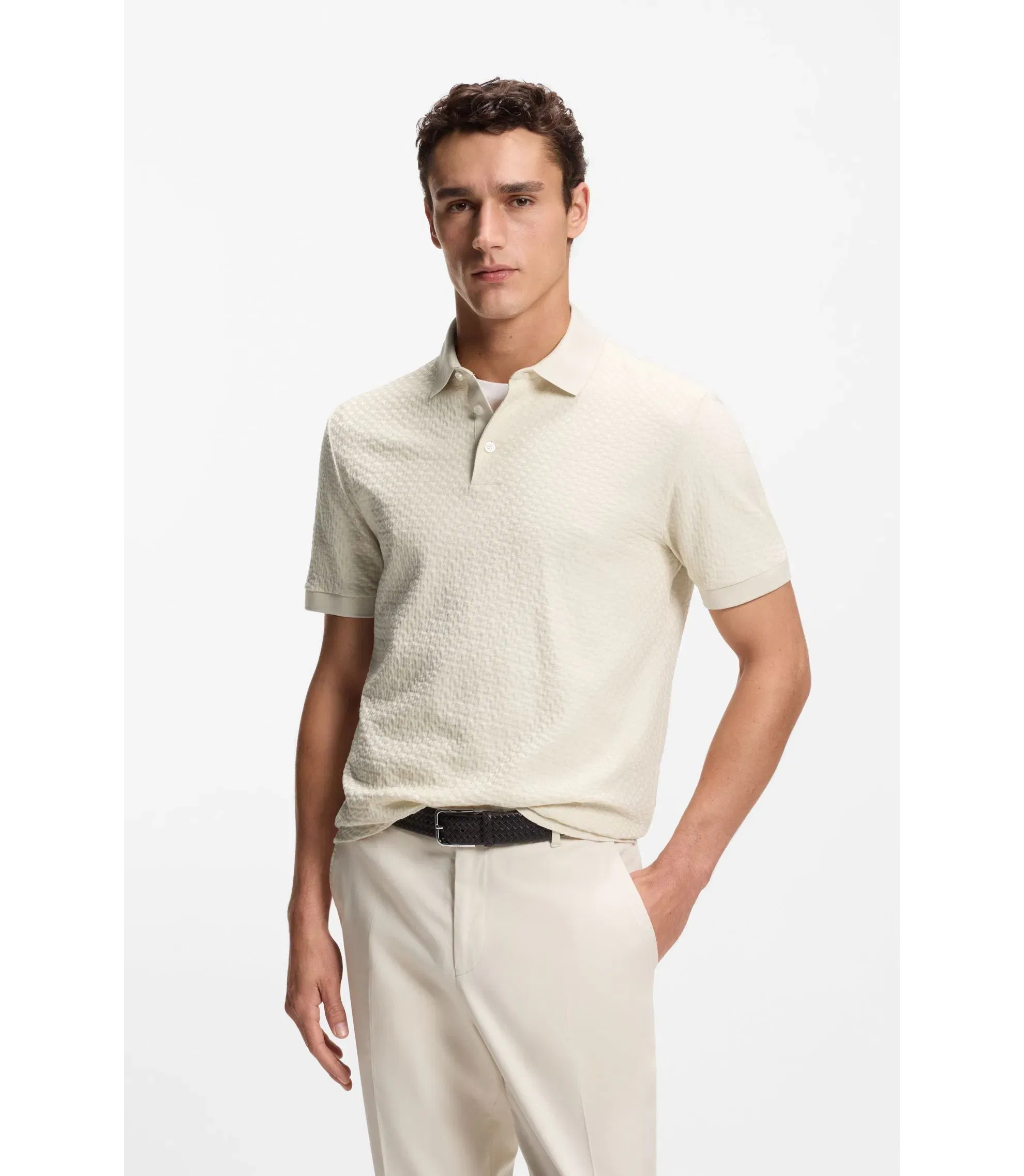 Boss Monogram Jacquard Polo Shirt In Cotton White
