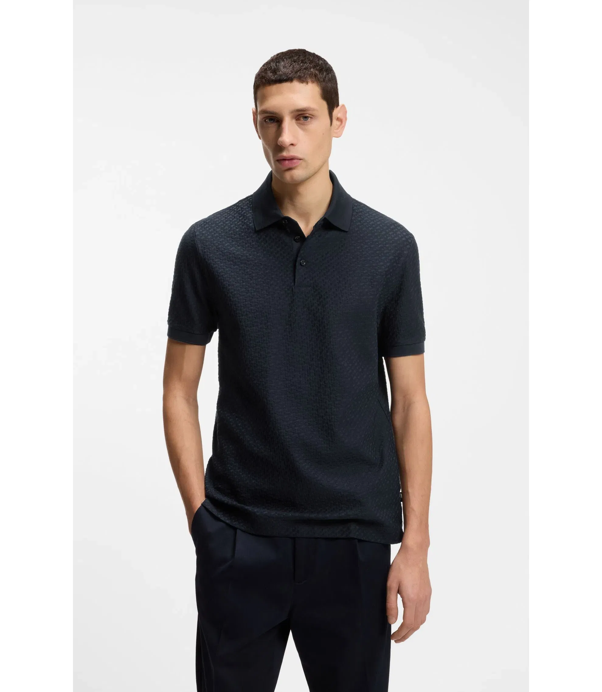 Boss Monogram Jacquard Polo Shirt In Cotton Dark Blue