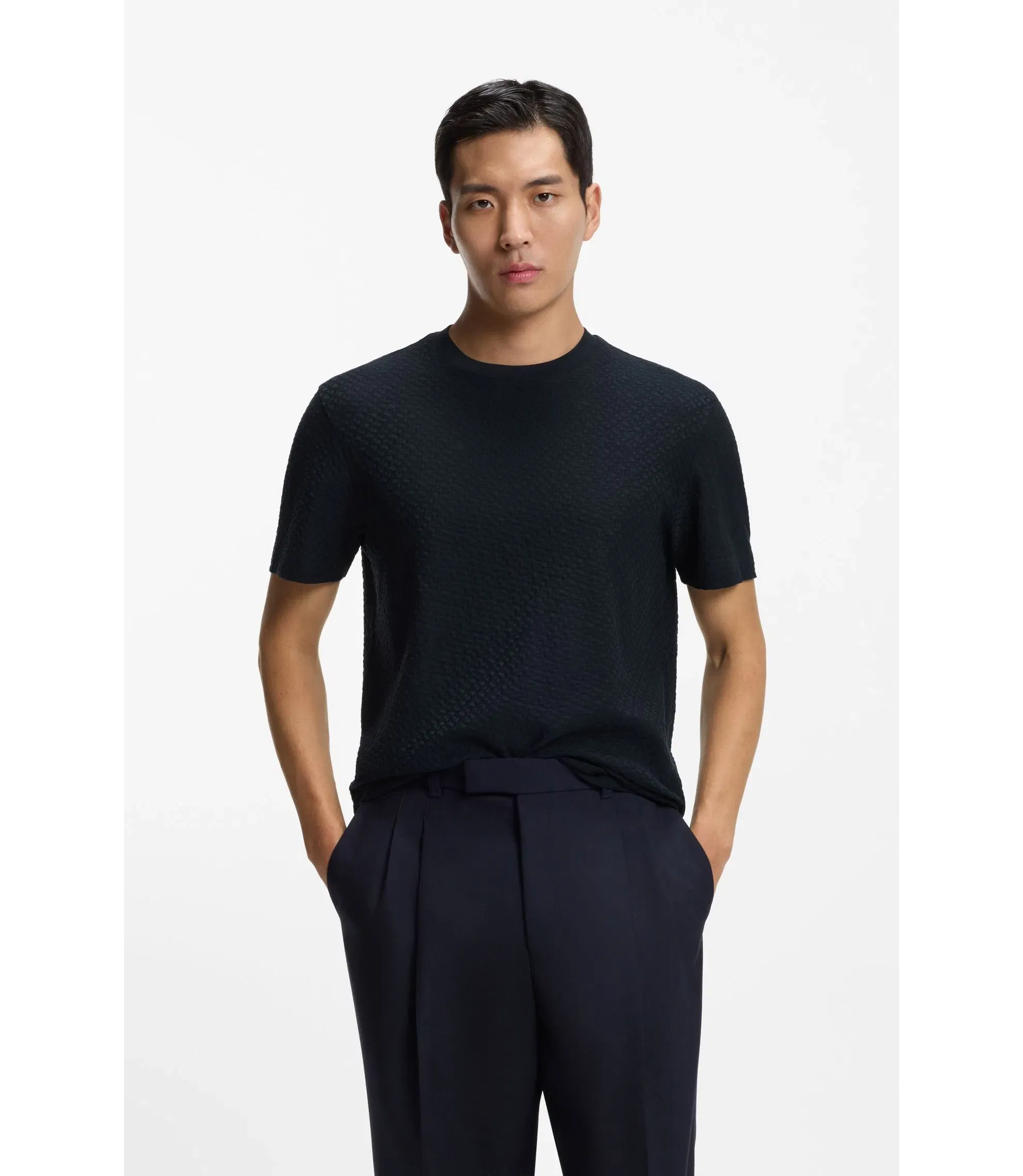 Boss Monogram Jacquard T-Shirt In Mercerised Cotton Dark Blue