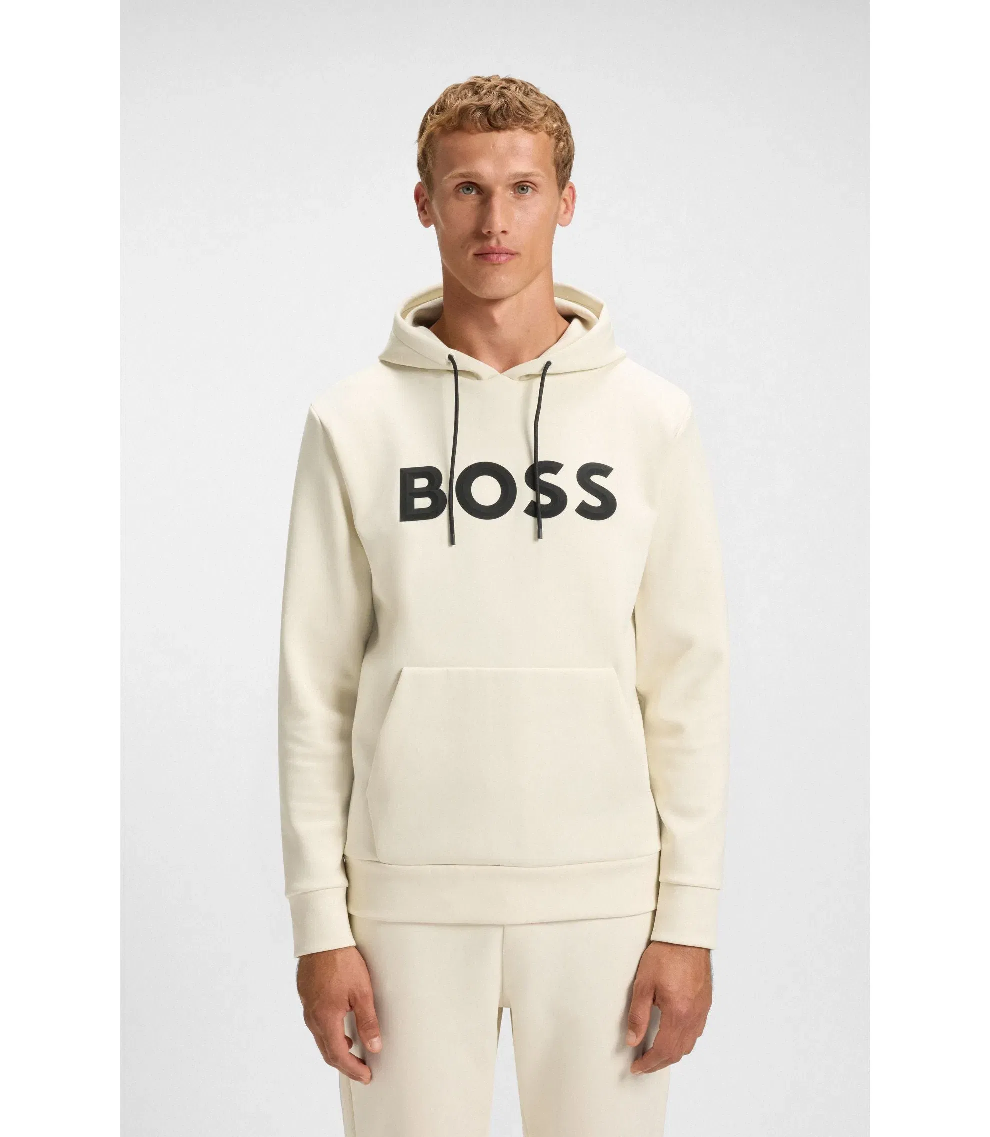 Boss Moulded Logo Hoodie In A Cotton Blend White