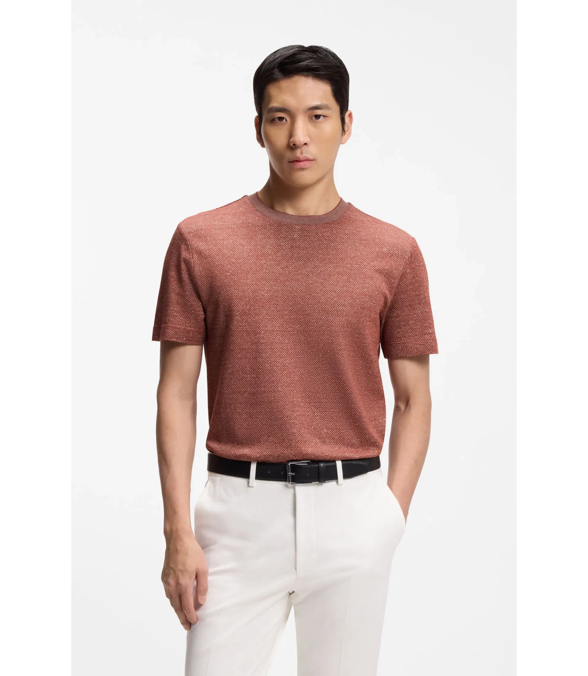 Boss Mouline T-Shirt In Cotton Linen And Silk Brown
