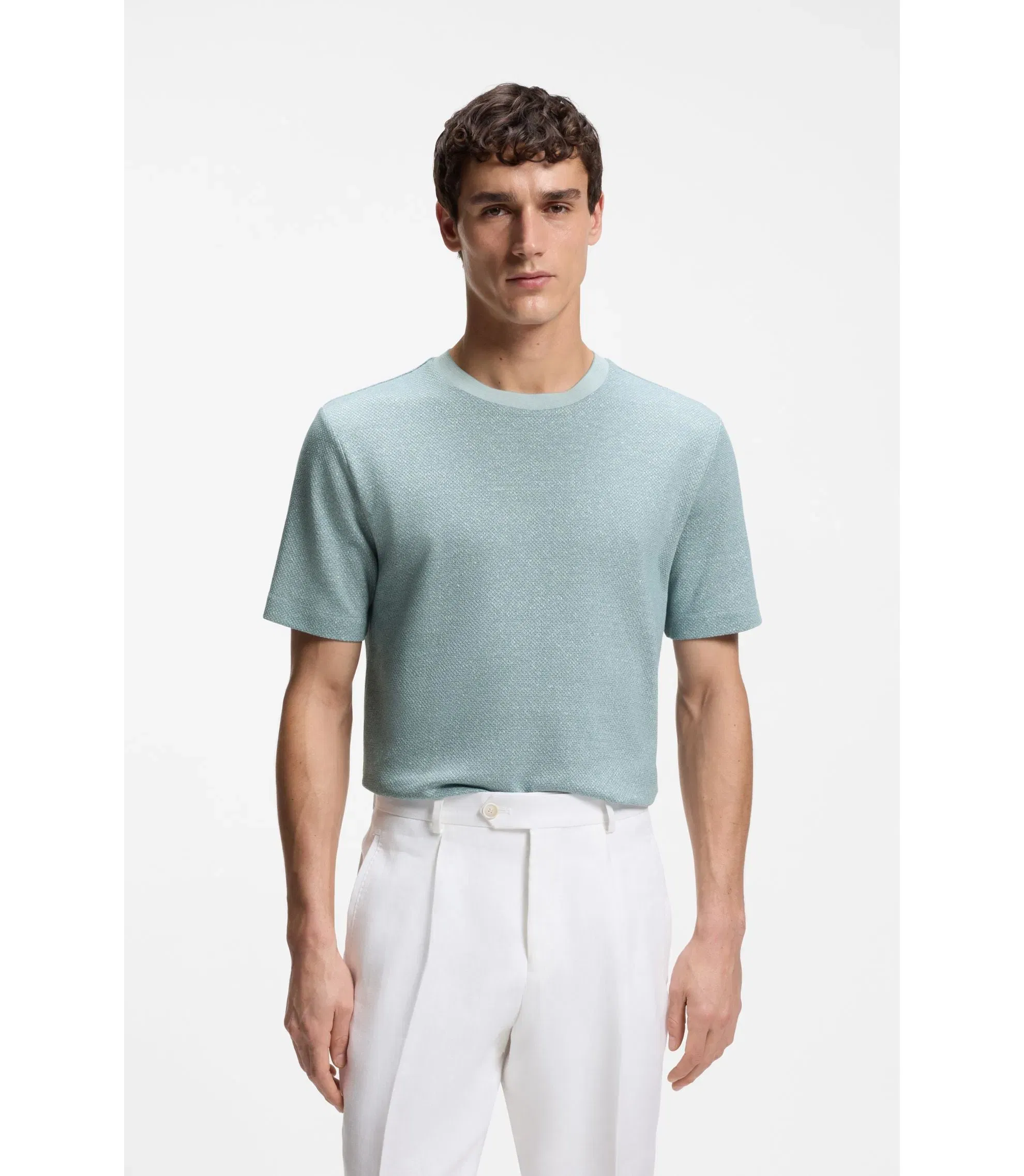 Boss Mouline T-Shirt In Cotton Linen And Silk Light Blue