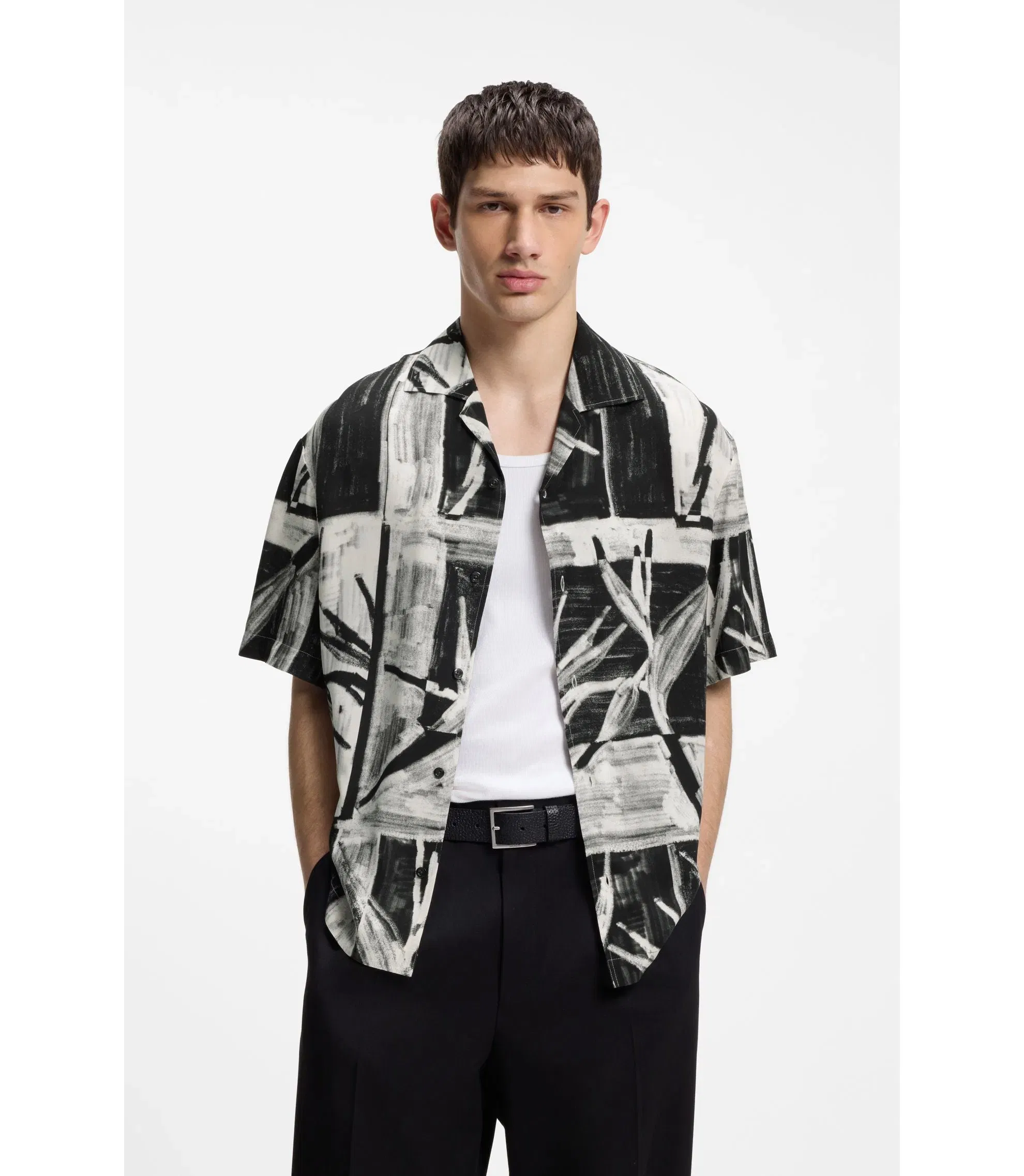 Hugo Oversized Fit Printed Shirt With Camp Collar Black