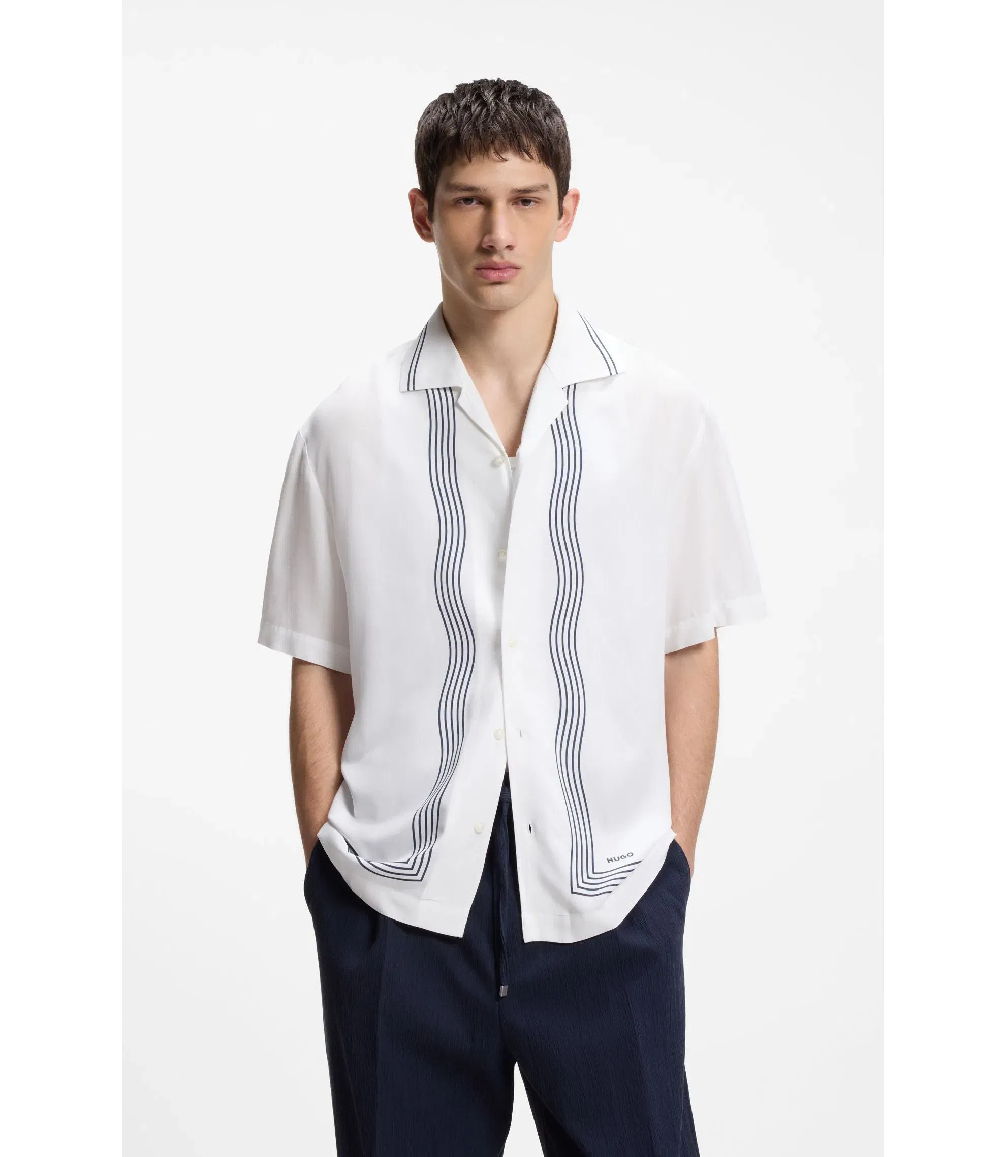 Hugo Oversized Fit Printed Shirt With Camp Collar White