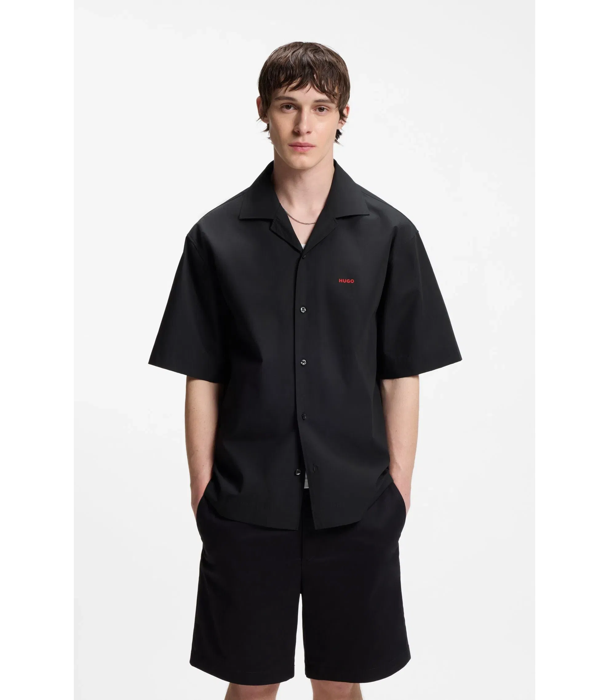 Hugo Oversized Fit Shirt In Paper Touch Cotton Black