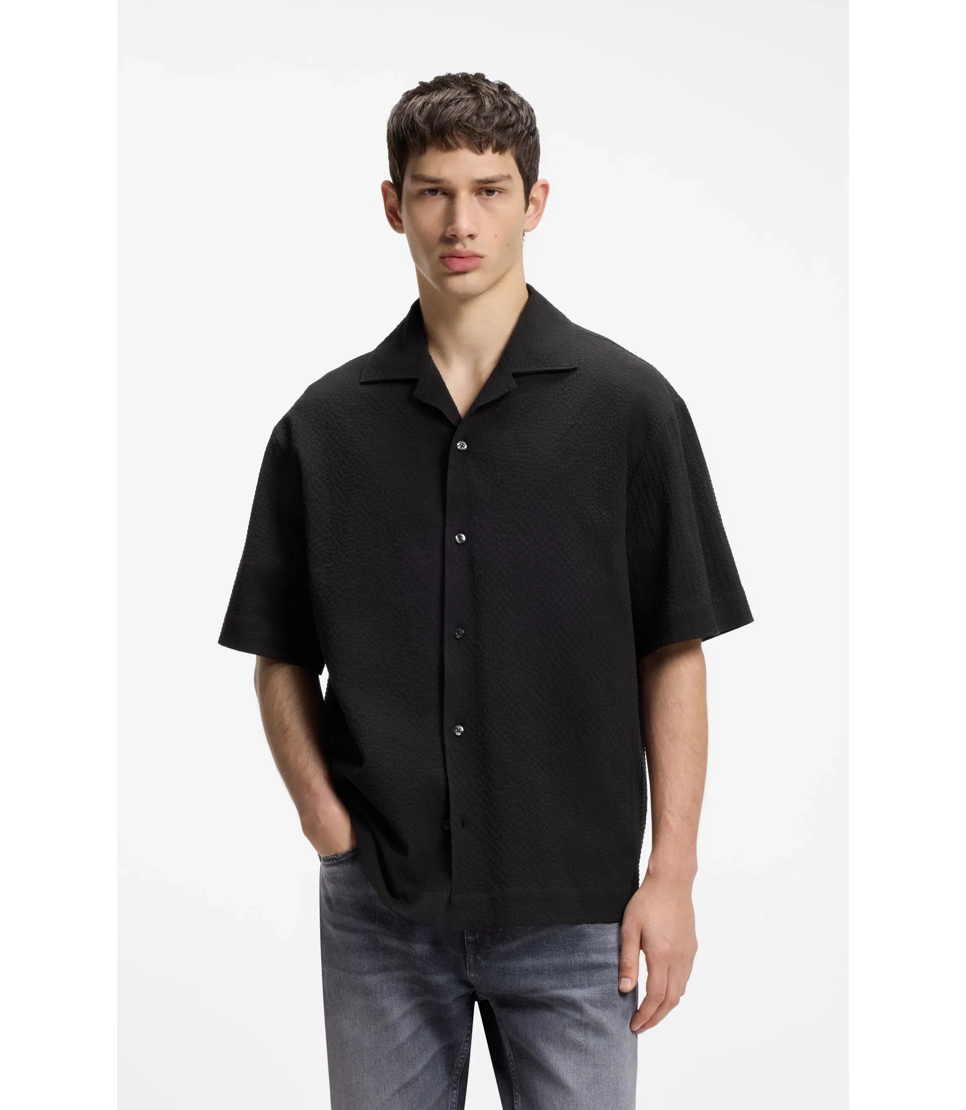 Hugo Oversized Fit Shirt In Stretch Cotton Seersucker Black