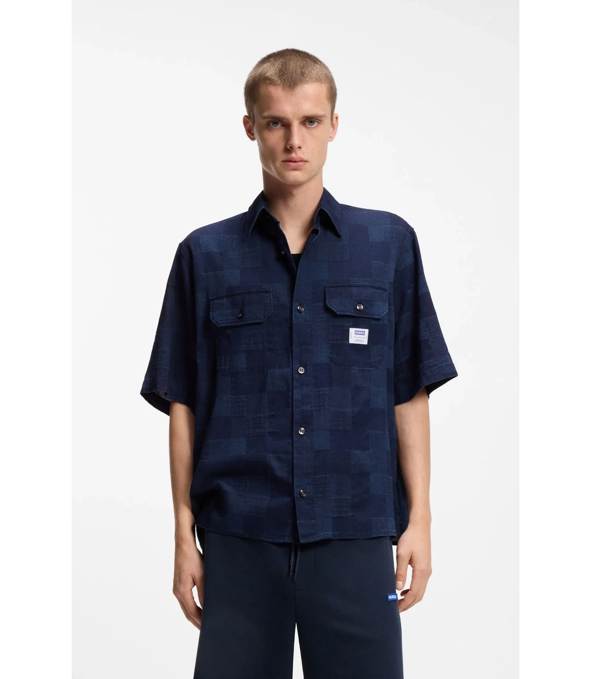 Hugo Oversized Fit Shirt With Check Pattern Dark Blue