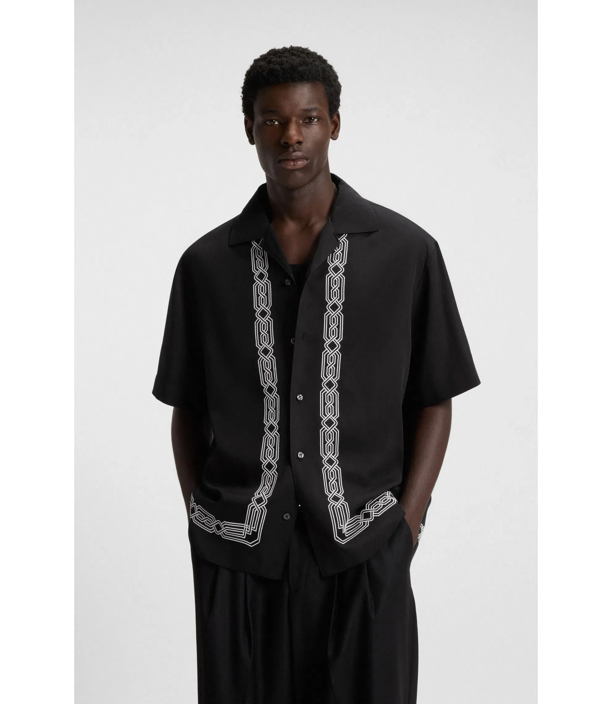 Hugo Oversized Fit Shirt With Embroidered Pattern Black